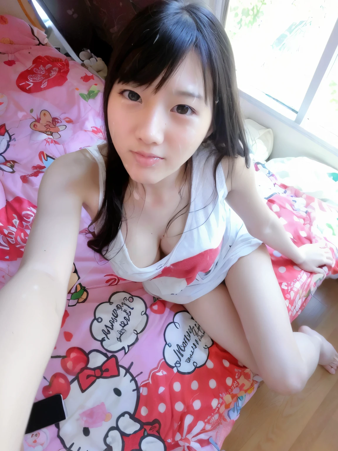 there is a young asian girl laying on a bed with a hello kitty blanket, very beautiful cute catgirl, cute kawaii girl, sakimi chan, young and cute girl, 1 8 yo, korean girl, attractive cat girl, young pretty gravure idol, [32k hd]^10, girl cute-fine-face, beautiful asian girl, (semen on face:1.2), (semen on thighs:1.7),