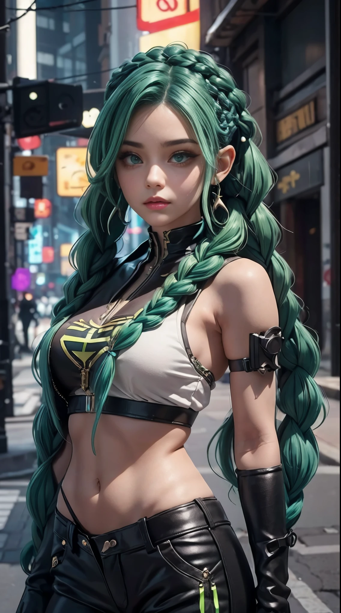 uma mulher com cabelo verde e tatuagens, mulher cyberpunk mulher anime, pants, Deusa cyberpunk raivosa bonita, estilo de arte cyberpunk, arte digital de anime cyberpunk, arte de anime cyberpunk, Arcane, Retrato, arte de anime cyberpunk, arte com tema cyberpunk, cyberpunk fantasia sombria, estilo arcano, 1 garota, stars tattoo on arm, asymmetrical bangs, franja, cabelo verde, green braids, camisa marrom, tatuagem de estrelas, lateralmente, cabelo verde, cabelo longo, olhos cor de rosa, Red lips, standing , tatuagem de nuvem, Twin braids. Jinx de arcano. Garota de cabelo verde, garota de Twin braids, uma garota em um lugar em chamas, spark, esferas de luz, Film Poster, Arcane\(Liga das Lendas\