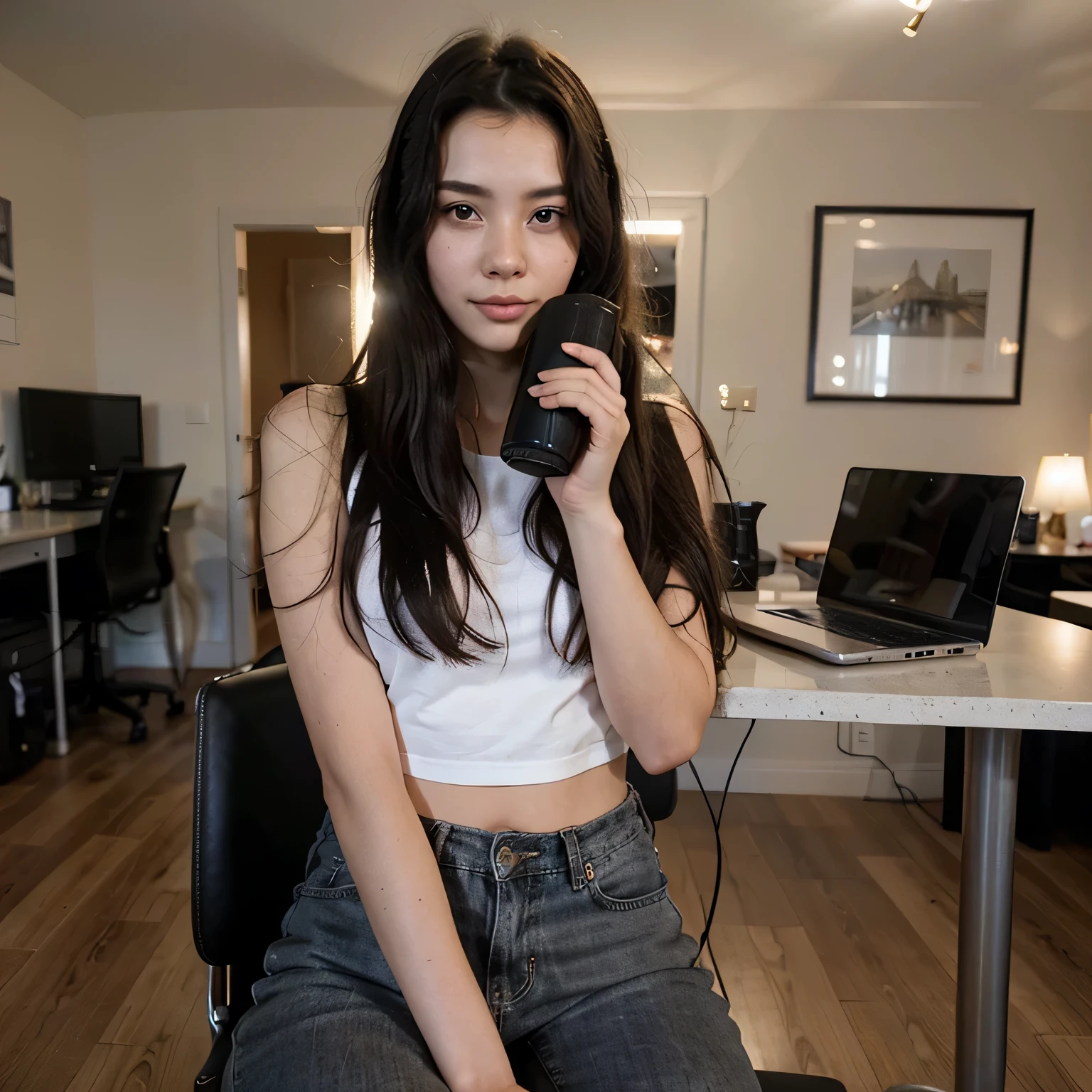 Capture a picture of a 18 year old girl with long black hair. She stands in model pose. She sitting at a table with a laptop and a cup of coffee, infp young woman. Her face inspired by the beauty of Bae Suzy, Han Hyo-joo, Han Hyo Joo, Kim So Hyun, Jun Ji Hyun, and Park Shin Hye.