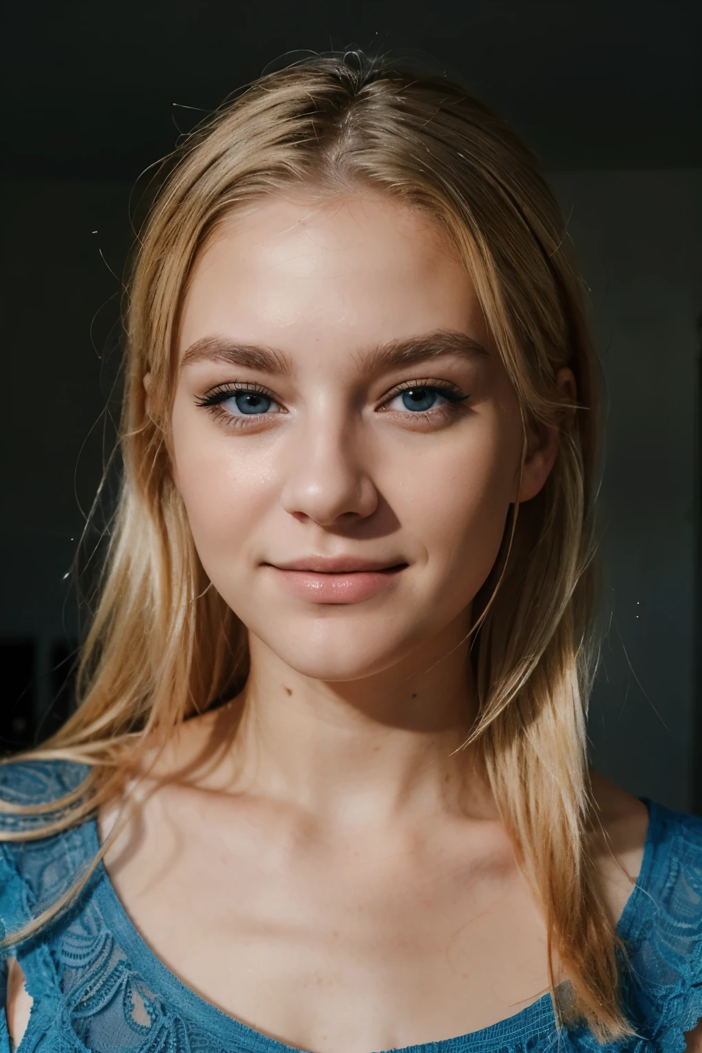RAW-Foto, Face portrait photo of blonde beautiful 22 year old woman,  blaue Augen, Brille, niedliches Gesicht, gelbes Kleid tragen, happy face, harte Schatten, filmische Aufnahme, dramatische Beleuchtung