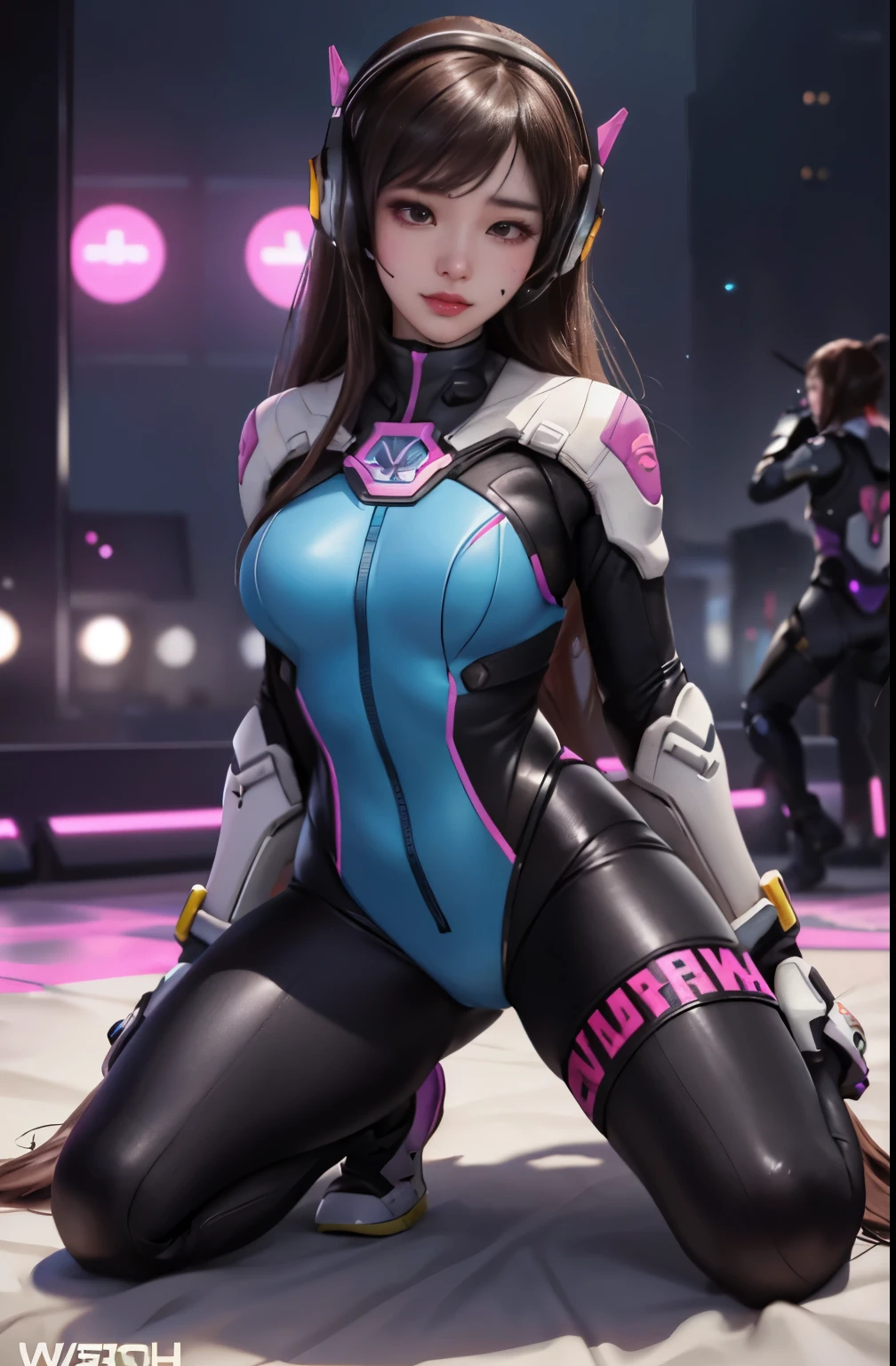 masterpiece, raw, realistic, high-resolution, (detailed), (photograpy), (photorealistic), (wide_shot:1.2), full_body, 1girl, solo focus, long hair, d.va (overwatch), brown hair, bodysuit, facial mark, whisker markings, seductive smile, large breasts, headphones, gloves(kbxll:1), ulzzang-6500, (korean mixed, kpop idol), (overwatch background),  (she is captured and sexually abused by her enemies:1.4)