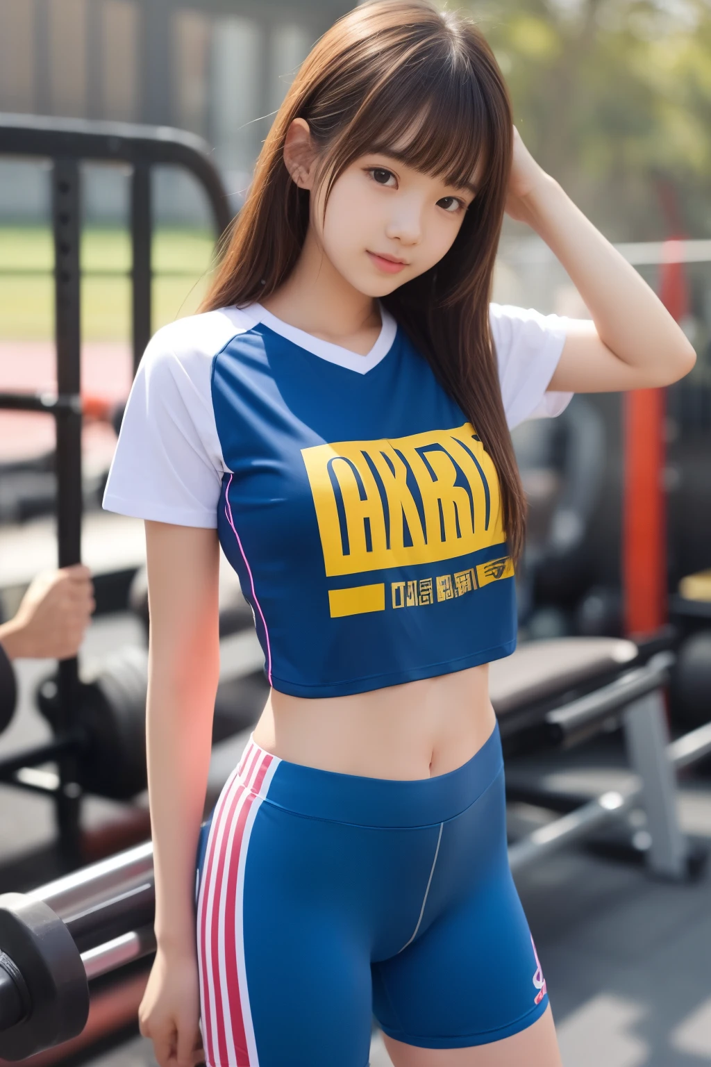 1 girl、((T-shirt))、Gym clothes for high school girls、bloomers、spread legs、Wedgie、(Spread your legs apart)、( small breasts)、(small breasts)、 (best quality: 1.1)、(highly detailed skin), (ultra high resolution:1.0) ,(realistic photo:1.0), (Super detailed:1.0), (8K, Raw photo:1.1)