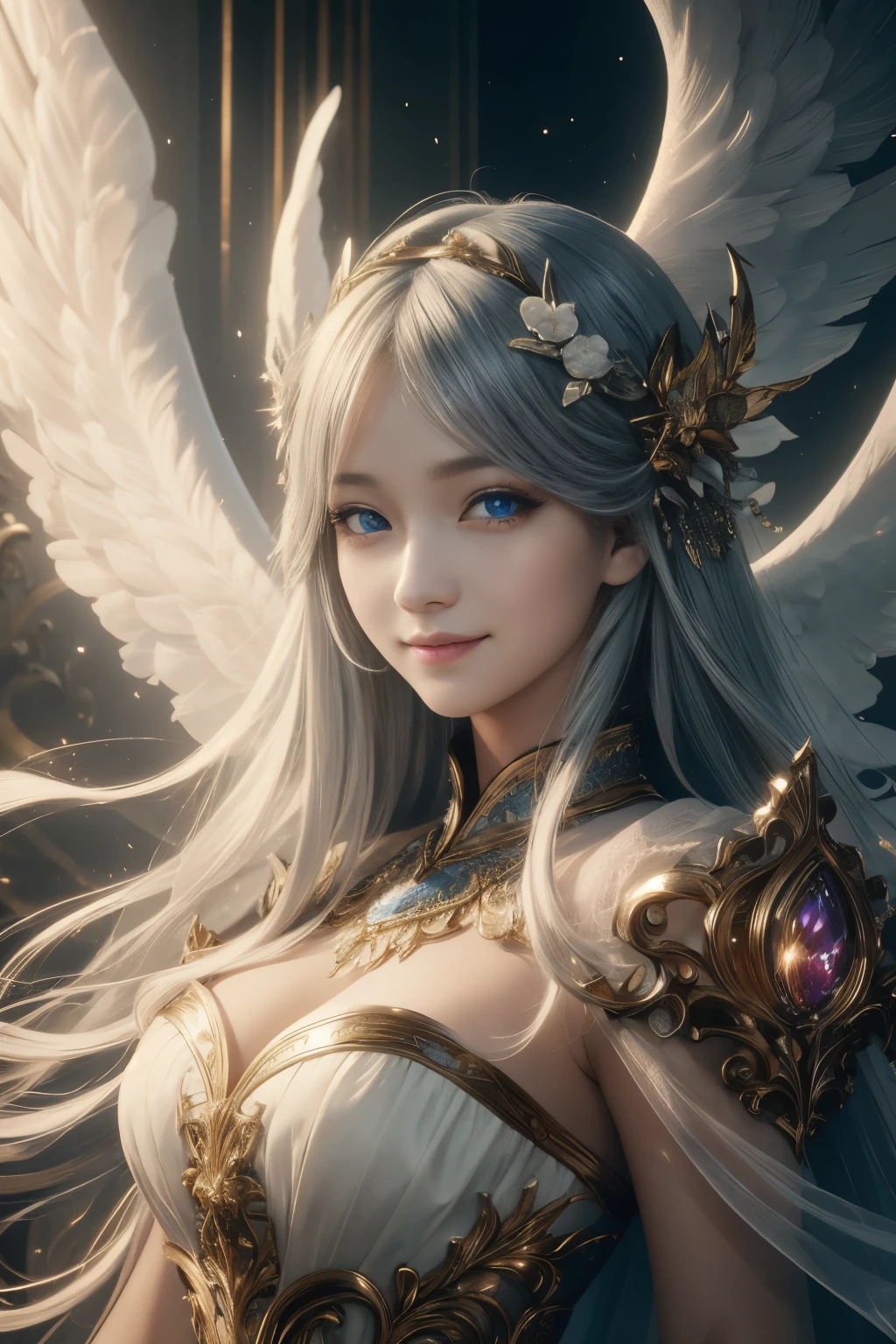 (highest quality, 4K, High resolution, masterpiece:1.2), super detailed, realistic, radiant lighting, Angel, portrait, fantastic color, Fine art, ethereal being, dream-like, Capricious creatures, detailed facial features, shining eyes, Angelの美女, fantastic shine, mythical creatures, harmonious composition, Dazzling colors, stunning visual effects, The appearance of the other world, Captivating artistry,front、smile、white costume、kind、eyes are blue、long eyelashes、smile、体をfront