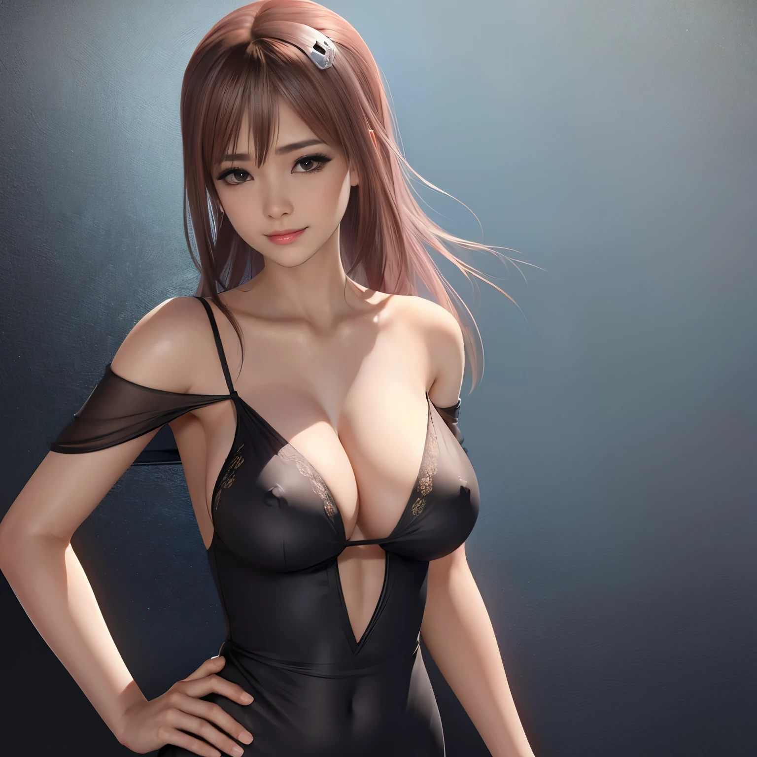 nsfw, 1girl, (solo), masterpiece, best quality, 8K, hight resolution, extremely detailed girl, extremely detailed beautiful face, Beautiful skin, shiny skin, perfect anatomy, smile, looking at viewer, beautiful eyes, upper body, front view, smile, face focus, large breasts, cleavage, navel, (black off shoulder dress), (black see-through dress:1.3), (push one’s hair back), (black background), hand on hip,honoka