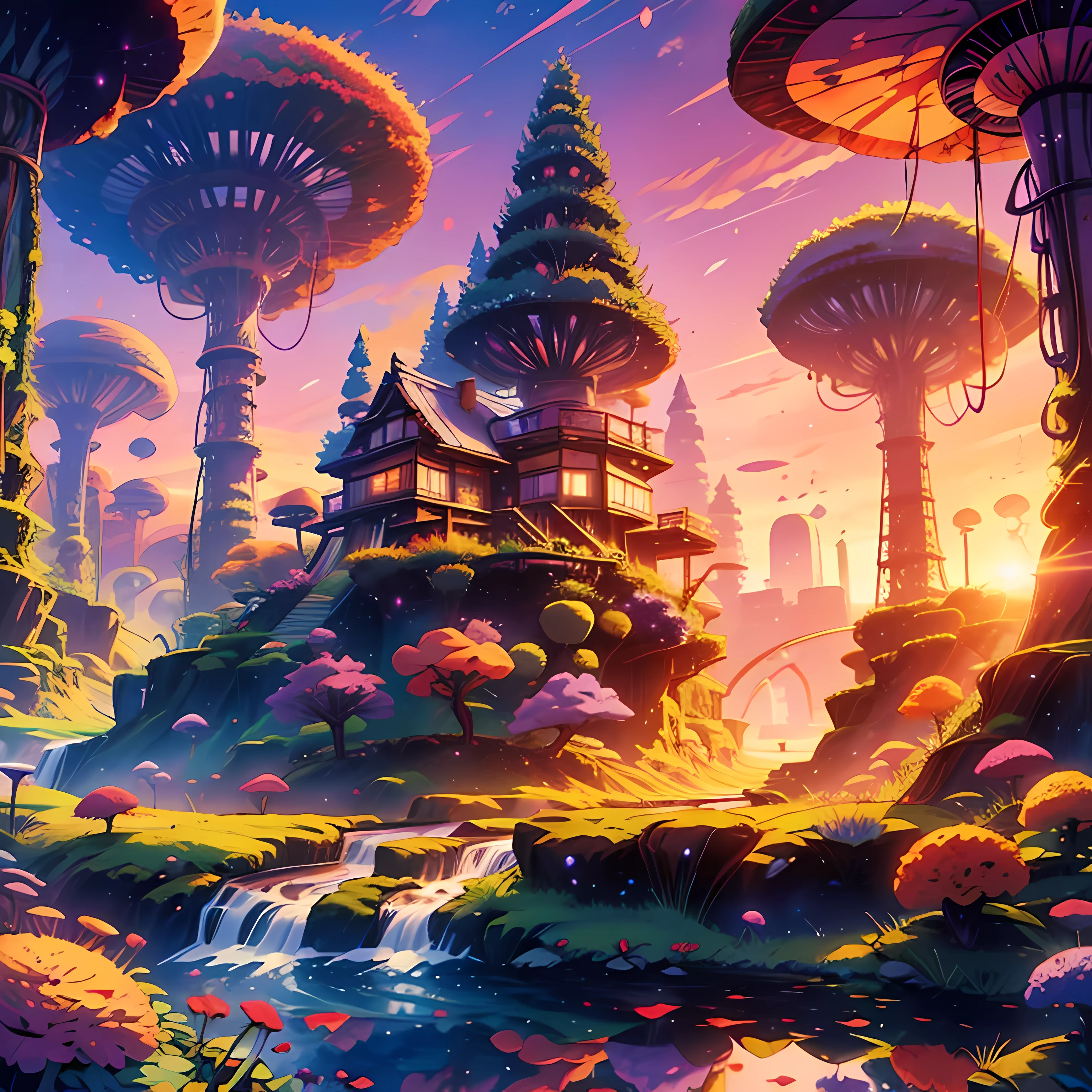 Prairie fantastique, tree with VIOLET leaves, coucher de soleil, glowing lumière particles in the leaves, Rivière, animé, Coloré, village, Japon, VIOLET, Merveilleux, Paysage, fantaisie, dessin animé, lumière, sunlumière, brillant, Coloré, sunlumière, bleu, VIOLET, 4k, chef-d'œuvre, Haute qualité