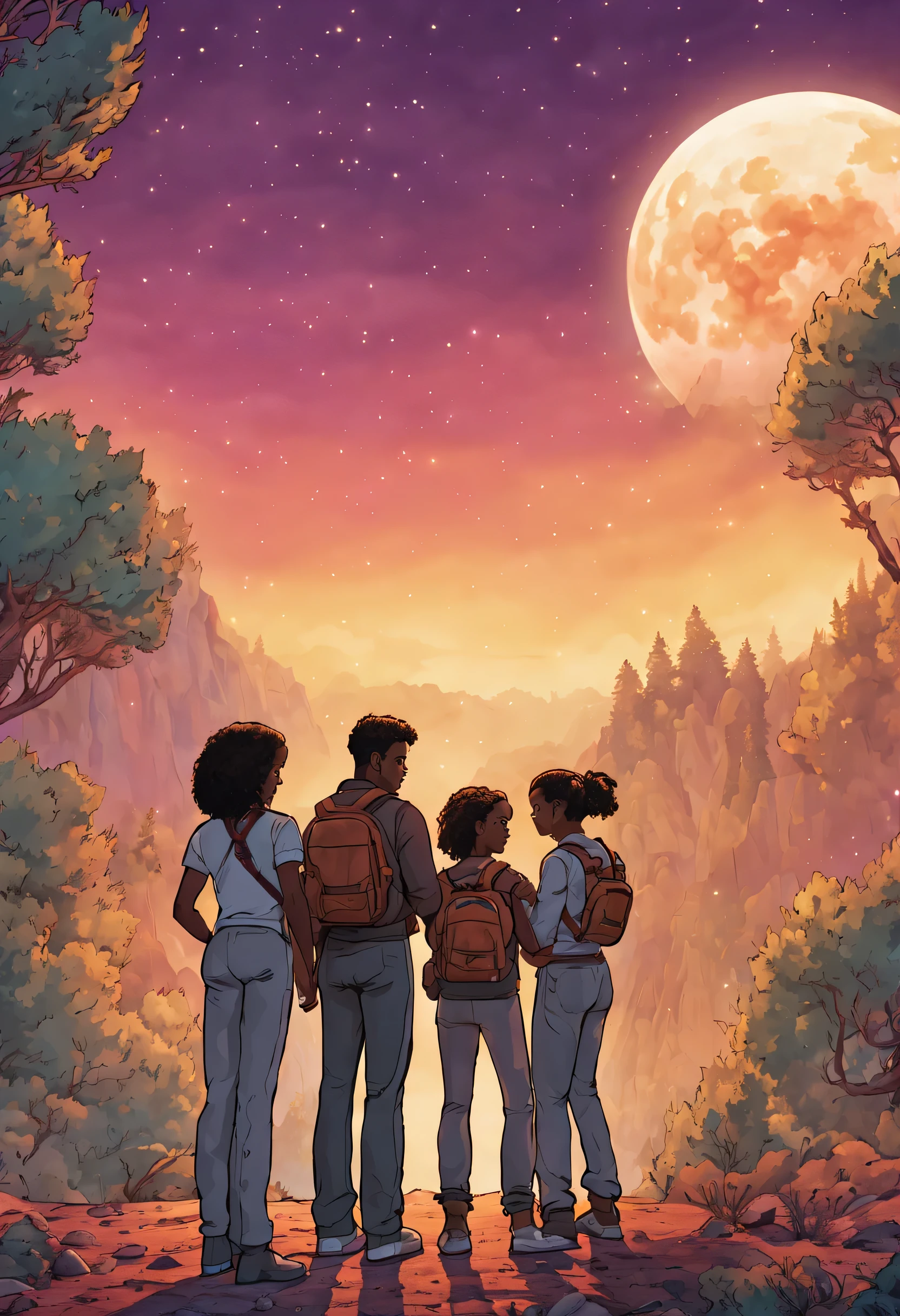 revista em quadrinhos, 5-panel image, (obra de arte), (melhor qualidade:1.2), black Widow, History,
A male man taking a selfie with two girls behind him, Male is in front of girls, The Girls Behind, a girl is a beautiful black girl, The other girl is brunette,
(Lua cheia: 1.2), (Meteoro: 0.9), (nebulosa: 1.3), Montanhas distantes , BREAK Trees Crafts, (luz quente: 1.2), (Vaga-lume: 1.2), luzes, Muito roxo e laranja, detalhes intrincados, volumetric lighting BREAK (obra de arte: 1.2), (melhor qualidade), 4k, ultra detalhado, (dynamic composition: 1.4), Rico em detalhes e cores, (rainbow color: 1.2), (Brilho, atmospheric lighting), sonhadores, magical, (Sozinho: 1.2) --v 5.2