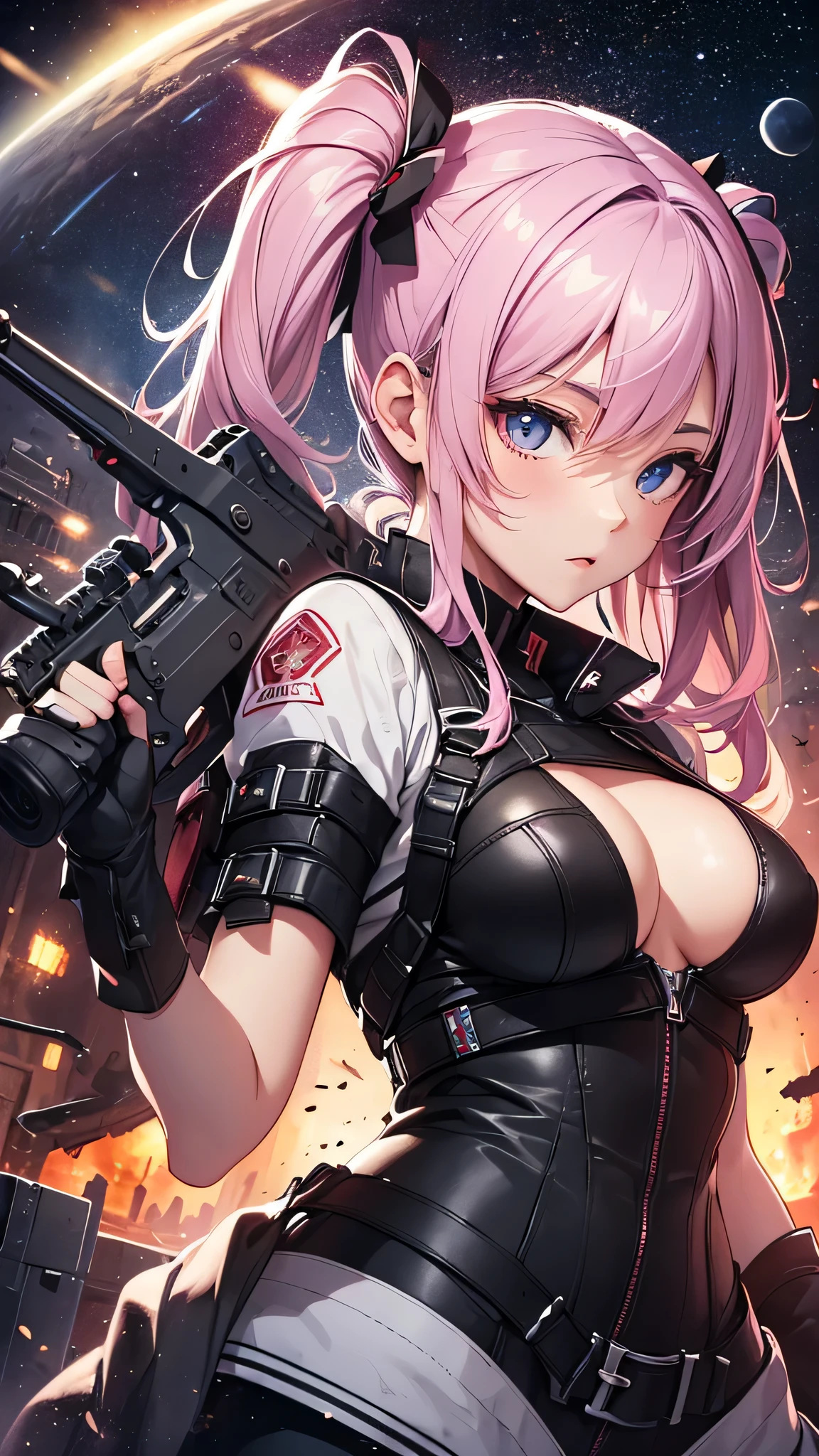 最high quality、best image quality、masterpiece、teenage girl((18-year-old、 By becoming、vest bust、medium bust,wide open breast tea、black eye, pink hAria、twin tails、thin,highest valley、red mechanic dress、Hold an assault rifle、Glowing red wings,Aria、splatters、shooting pose)),high quality、beautiful art、background((outer space、battlefield、splattersing beams、military base))瓦礫がsplatters、Depth of written boundary、movie、visual art、perfect art、8K,genuine