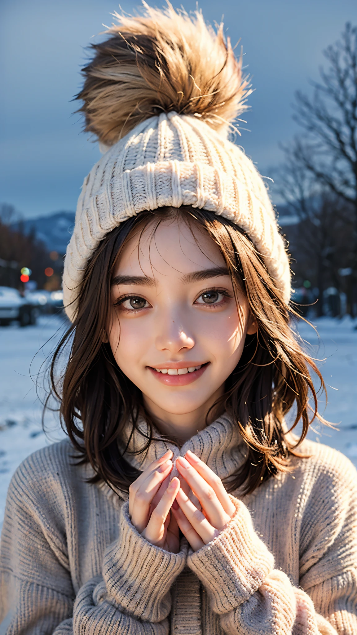 highest quality, masterpiece, ultra high resolution, (realistic:1.4), (portrait facing each other) RAW photo, 1 girl, 18-year-old,((winter school uniform)),((Knit hat and muffler)),((Hold out a gift to the viewer with both hands)),((looking up at the viewer)),(blush),masterpiece, realistic pictures, saturation, contrast, ((small breasts)),((smile showing teeth)),short hair,