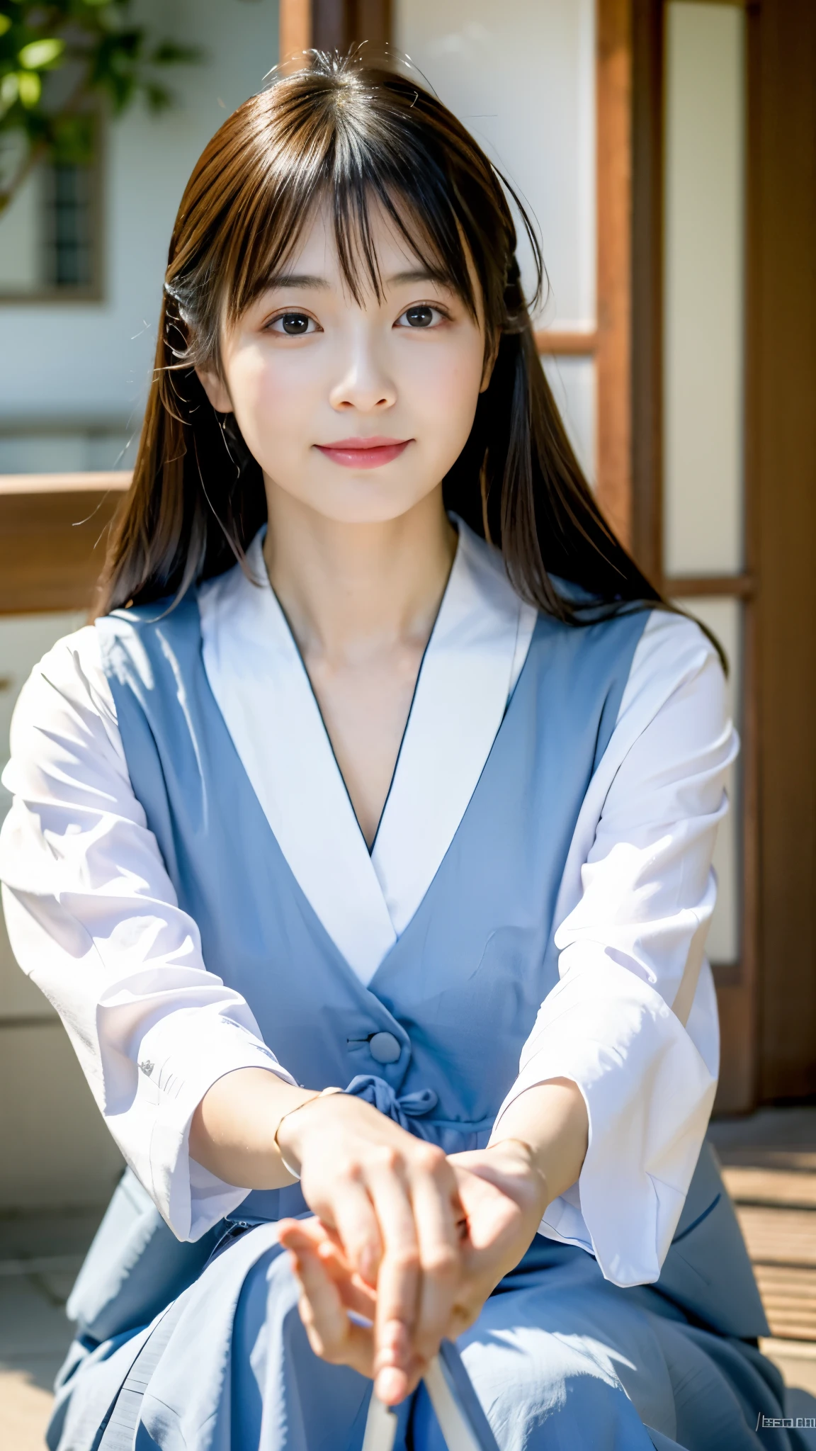 there is a woman that is sitting down with a cell phone, sakimichan, shikamimi, Yoshitomo Nara, Chiho, sakimi chan, 8K selfie photo, Cute girl - well-groomed face, face of young cute asian man, deayami kojima, cute - well-groomed - face