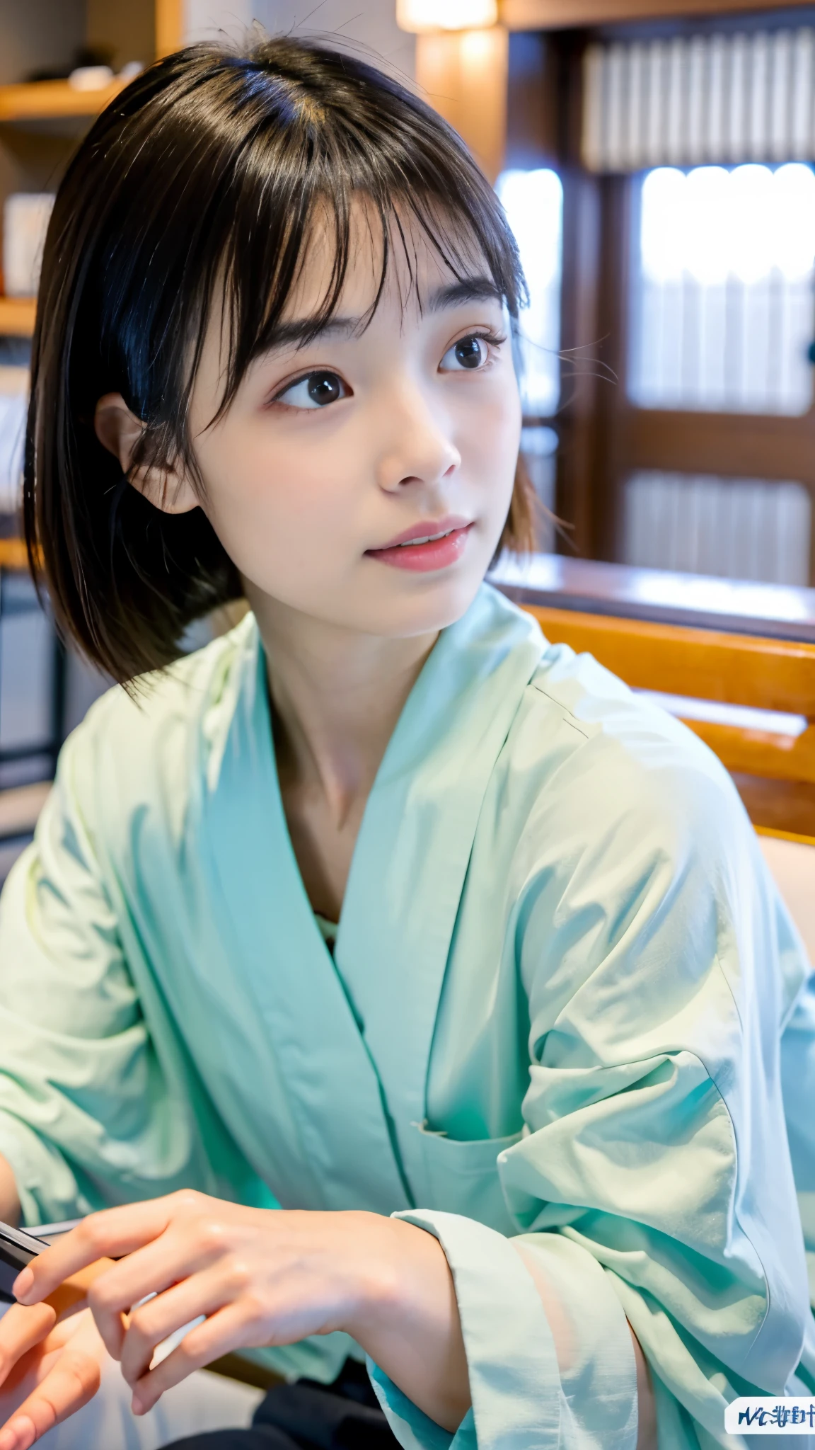 there is a woman that is sitting down with a cell phone, sakimichan, shikamimi, Yoshitomo Nara, Chiho, sakimi chan, 8K selfie photo, Cute girl - well-groomed face, face of young cute asian man, deayami kojima, cute - well-groomed - face