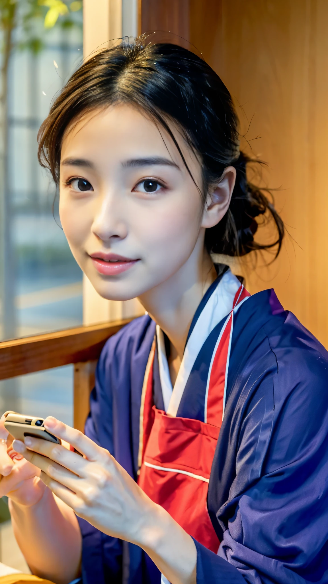 there is a woman that is sitting down with a cell phone, sakimichan, shikamimi, Yoshitomo Nara, Chiho, sakimi chan, 8K selfie photo, Cute girl - well-groomed face, face of young cute asian man, deayami kojima, cute - well-groomed - face