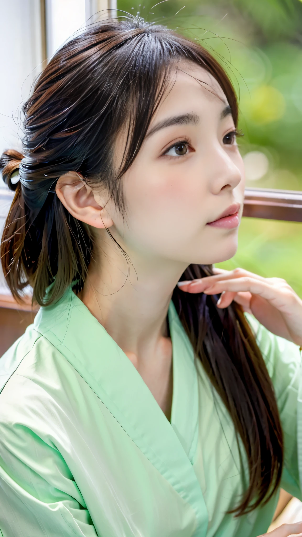 there is a woman that is sitting down with a cell phone, sakimichan, shikamimi, Yoshitomo Nara, Chiho, sakimi chan, 8K selfie photo, Cute girl - well-groomed face, face of young cute asian man, deayami kojima, cute - well-groomed - face