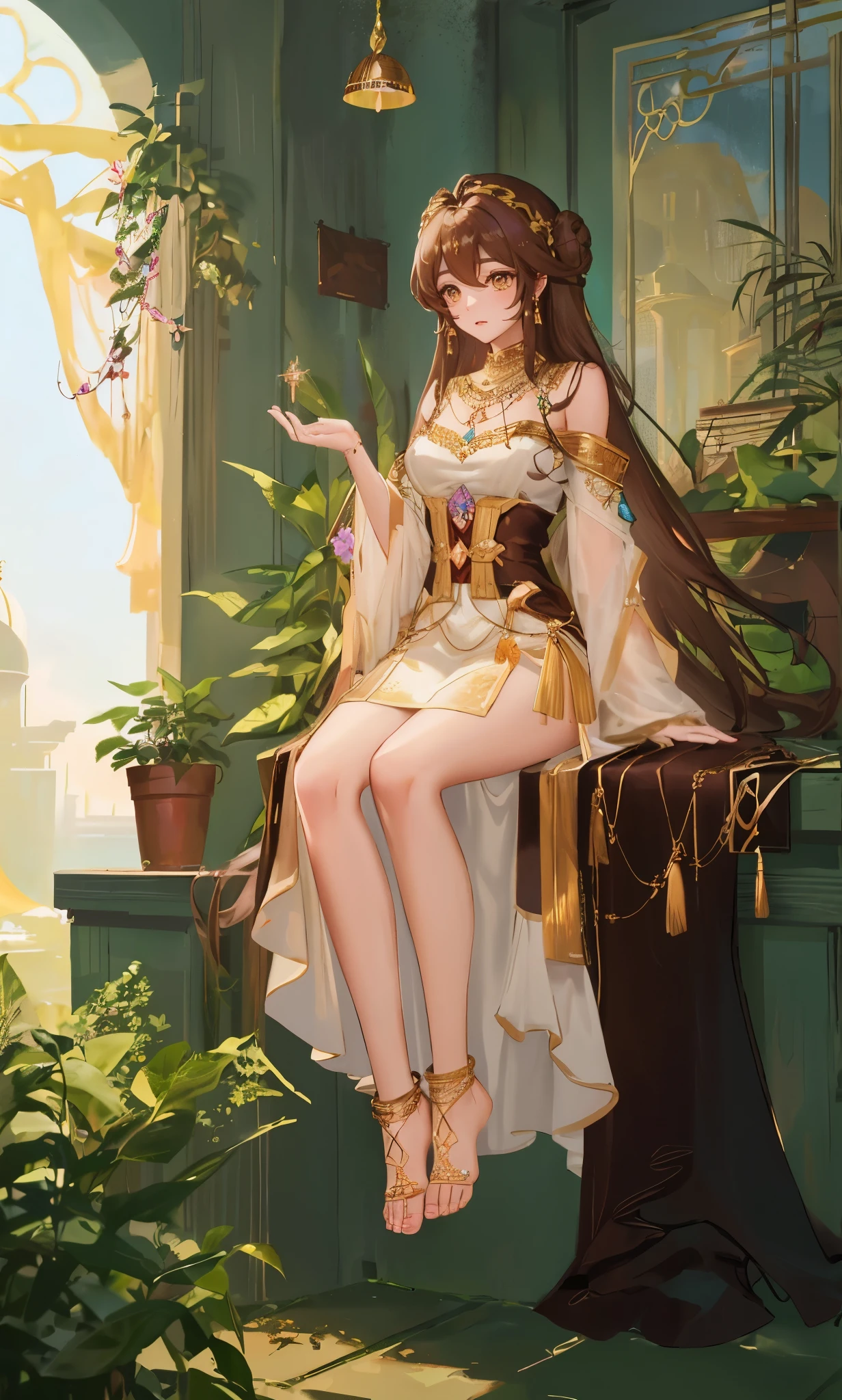 Long chocolate-colored hair,close up,dream world,Baby Lord,long chocolate hair,Messy hair,golden eyes,civilization,sky garden background,grace,Bun and tiara,A wide range of jewelry,(Precious Middle Eastern style long dress),necklace,Her skin is very white, fair complexion,(White long dress,Exotic),barefoot,Gemstone anklets