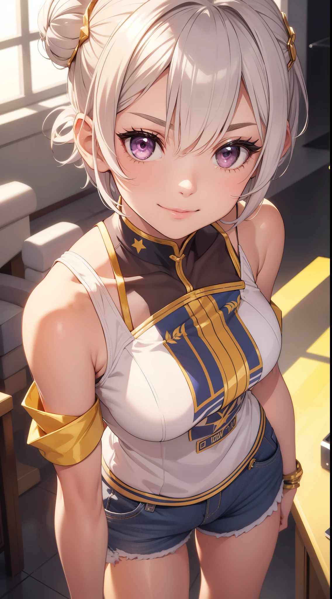 Short hairstyles for silver hair and bob、Hair tied up in a bun with a hair clip、pink eyes、smile、yellow tight sleeveless uniform、tight shorts、crown、Gold Element、she-ra、muste piece、high resolution、4K、hard disk、good detail