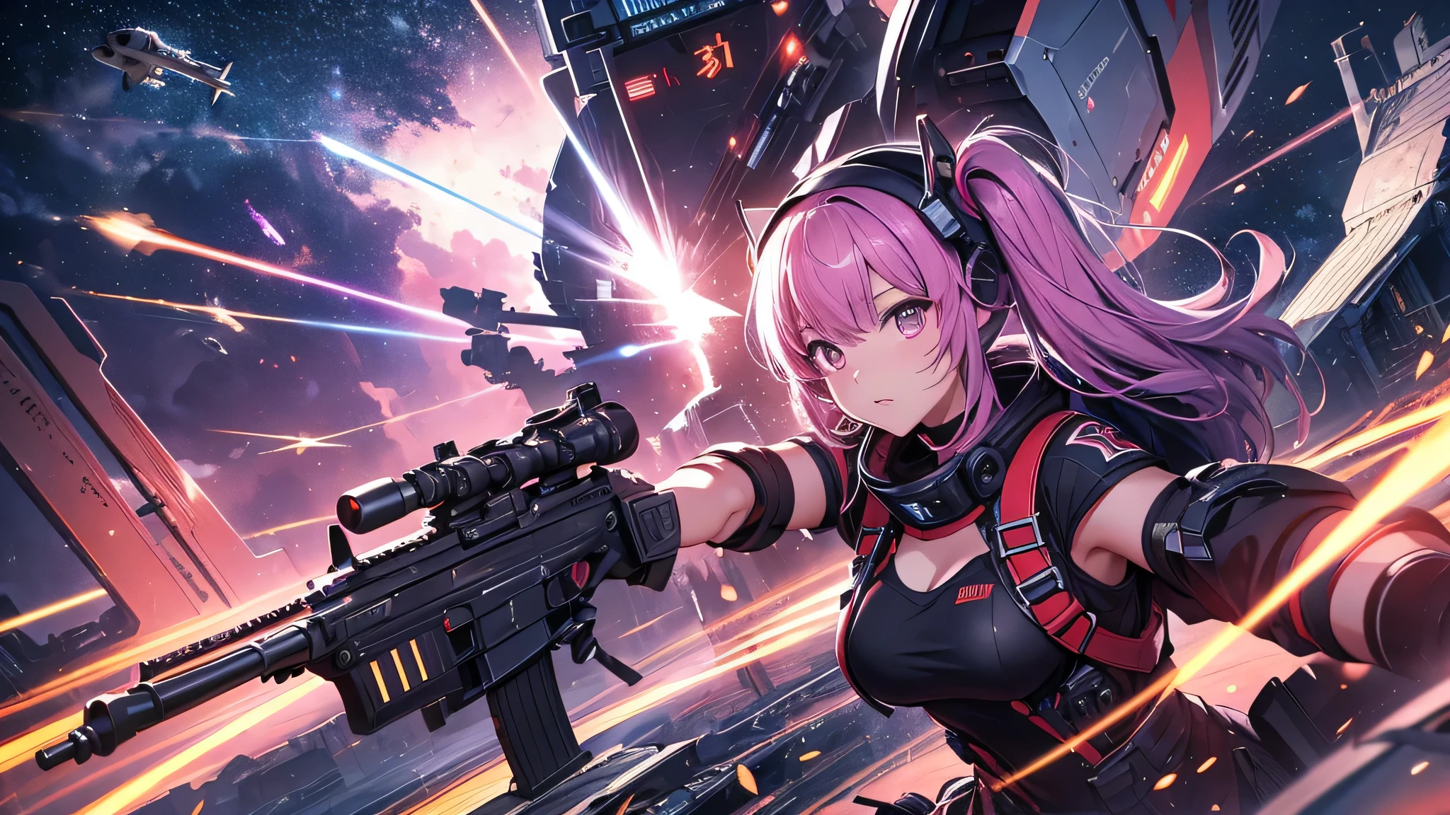 最high quality、best image quality、masterpiece、teenage girl((18-year-old、 By becoming、vest bust、medium bust,wide open breast tea、black eye, pink hAria、twin tails、thin,highest valley、red mechanic dress、Hold an assault rifle、Glowing red wings,Aria、splatters、shooting pose、scream)),high quality、beautiful art、background((outer space、battlefield、splattersing beams、military base))瓦礫がsplatters、Depth of written boundary、movie、visual art、perfect art、8K,genuine