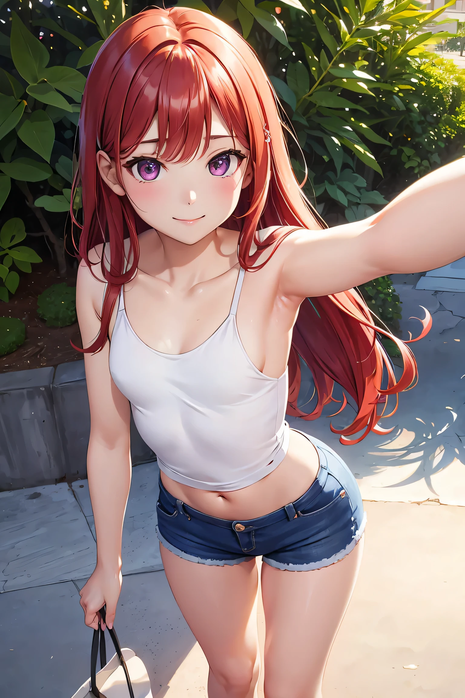 photograph , Self snap, beautiful illustrations、table top, highest quality, From above,, ((garden)), pretty girl, 、, small breasts, flat chest , compensate, Are standing, closed mouth, joy, smile, (redhead), long straight hair, purple eyes, ( hot pants), (Tank top) , sexy, nice thighs、Shining thighs, shiny skin, sexy, NSFW, nude,