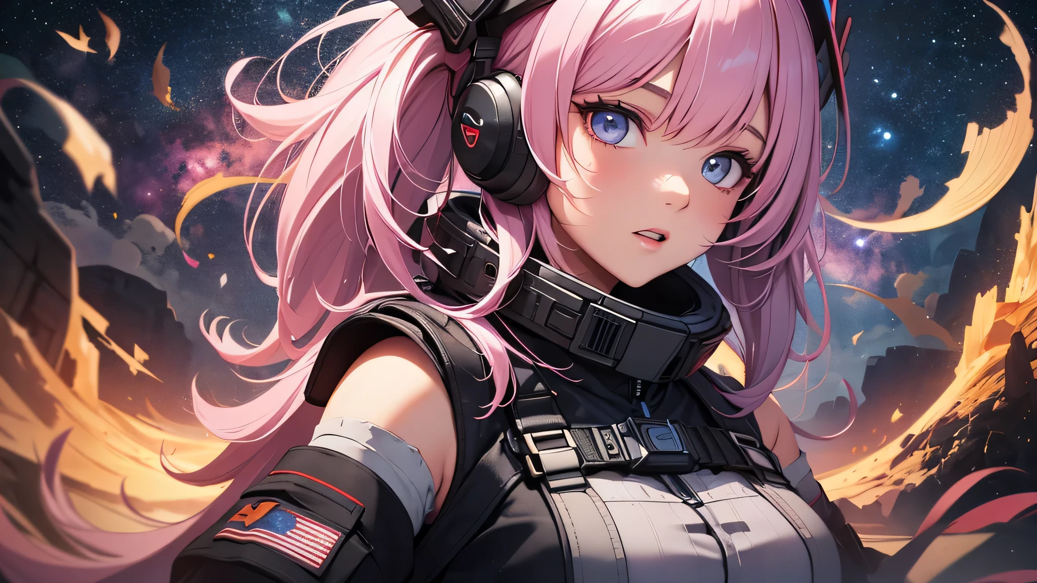最high quality、best image quality、masterpiece、teenage girl((18-year-old、 By becoming、vest bust、medium bust,wide open breast tea、black eye, pink hAria、twin tails、thin,highest valley、red mechanic dress、Hold an assault rifle、Glowing red wings,Aria、splatters、shooting pose、scream)),high quality、beautiful art、background((outer space、battlefield、splattersing beams、military base))瓦礫がsplatters、Depth of written boundary、movie、visual art、perfect art、8K,genuine