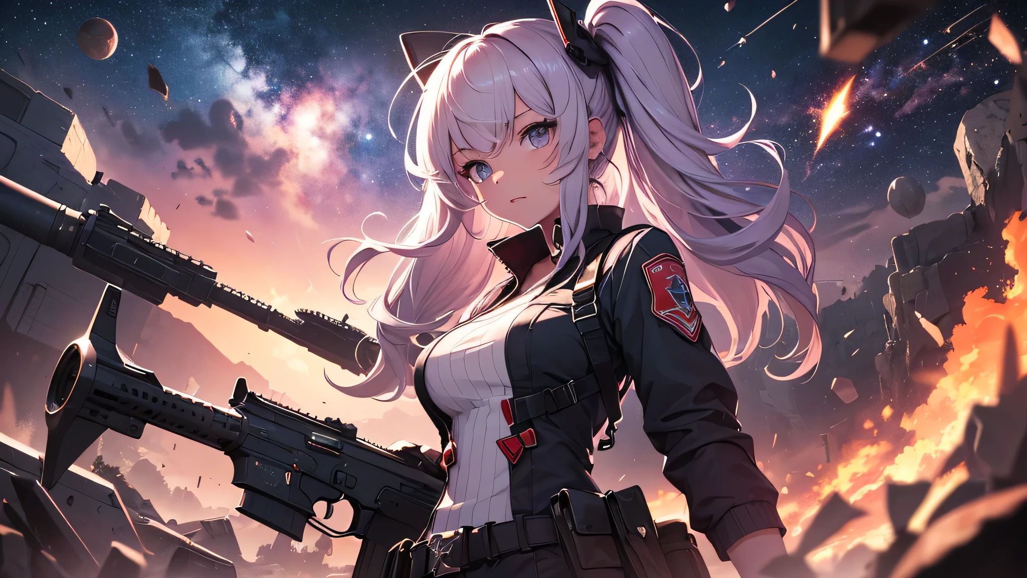 最high quality、best image quality、masterpiece、teenage girl((18-year-old、 By becoming、vest bust、medium bust,wide open breast tea、black eye, pink hAria、twin tails、thin,highest valley、red mechanic dress、Hold an assault rifle、Glowing red wings,Aria、splatters、shooting pose、scream)),high quality、beautiful art、background((outer space、battlefield、splattersing beams、military base))瓦礫がsplatters、Depth of written boundary、movie、visual art、perfect art、8K,genuine