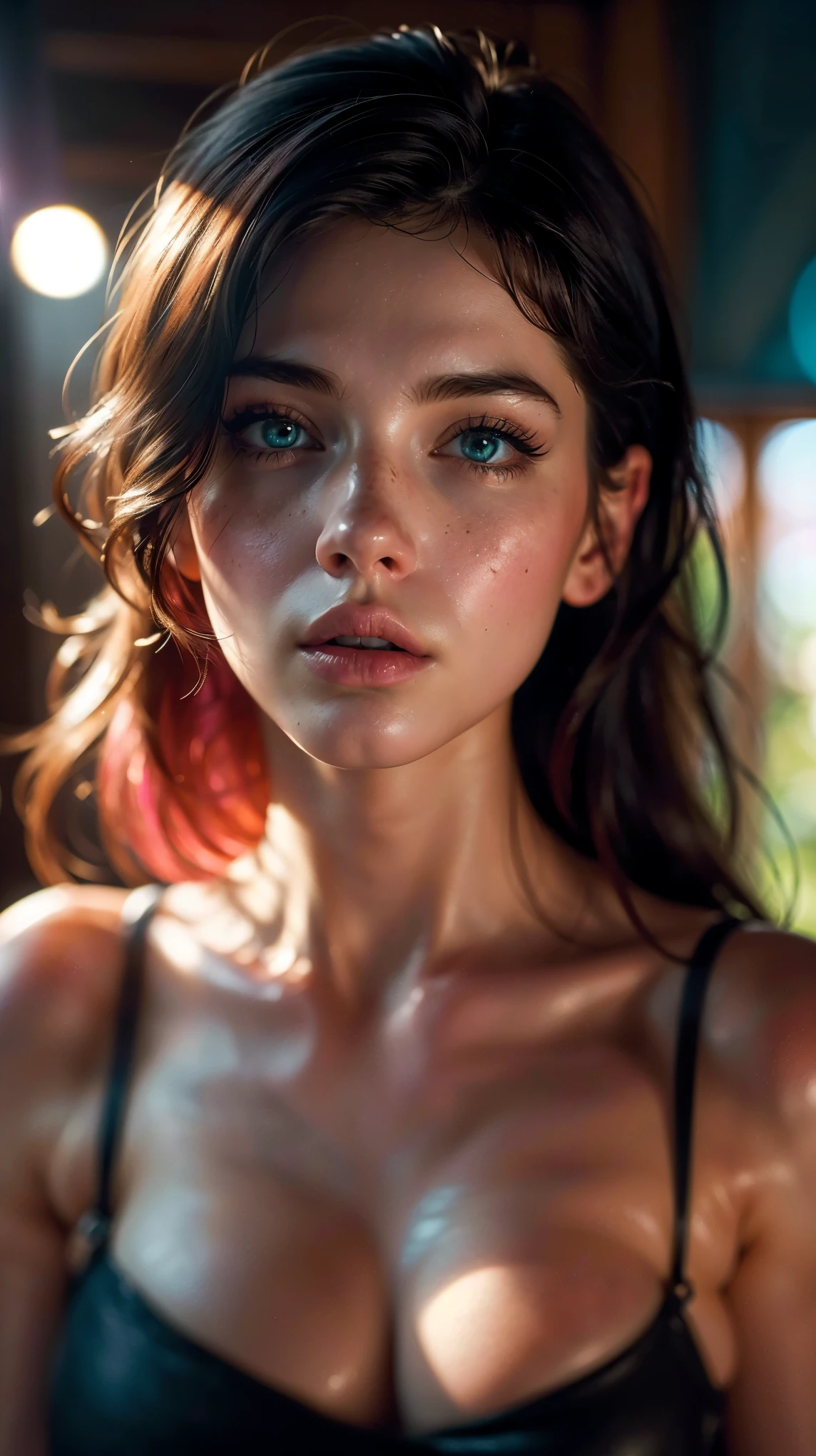 (((ultra realistic))) Photo, masterpiece, top quality, (pale skin), (Ultra detailed face and eyes:1.3), 1 girl, Adult, in a T-shirt, (Eye makeup, mascara) , ((large detailed lips)), ((Pink волнистые волосы)), ((Chyolka)) , (Natural breasts), Slim waist. ((Posing)), photoshoot, studio (soft lighting), (The play of light and shadows), depth of field, bokeh, (special attention to skin detail: 1.2), Detailed leather texture, skin pores. (Warm atmosphere of the frame. Color range: black, purple, Pink, blue tones), UDR, ((Film grain)), ((rays)), ((Glare)), ((waist up portrait)) , ultra detialed, 