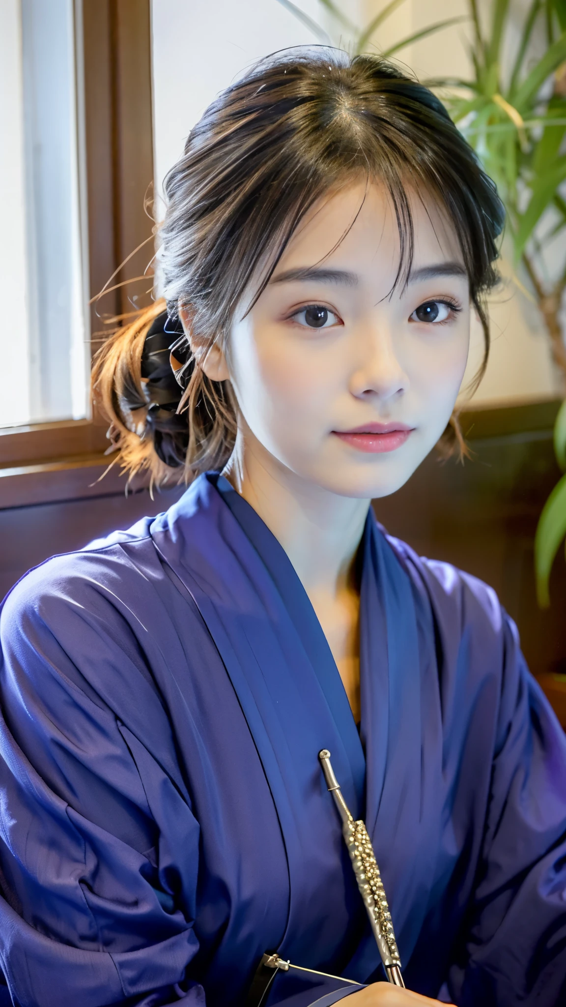 there is a woman that is sitting down with a cell phone, sakimichan, shikamimi, Yoshitomo Nara, Chiho, sakimi chan, 8K selfie photo, Cute girl - well-groomed face, face of young cute asian man, deayami kojima, cute - well-groomed - face