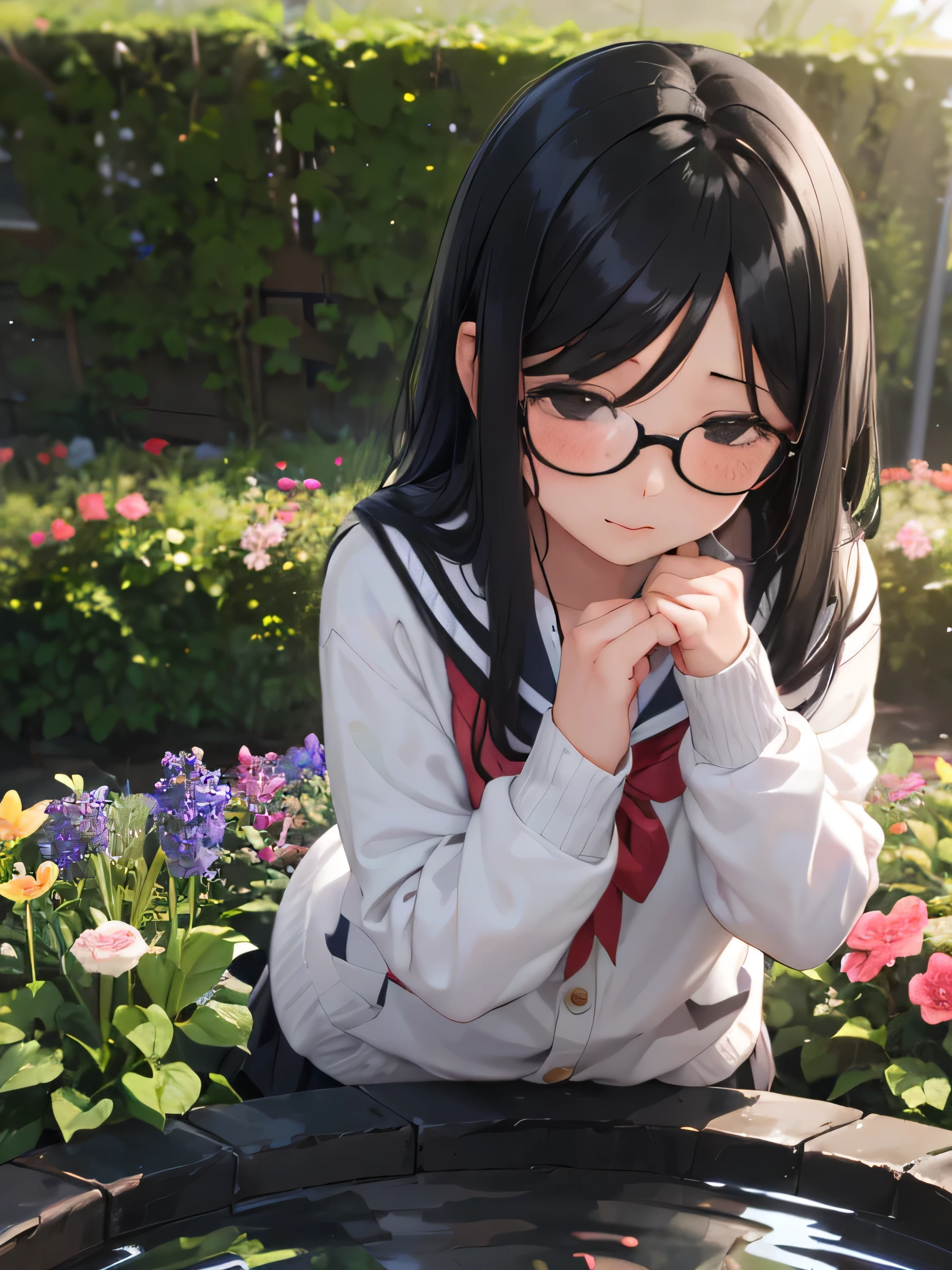 ((((((1 girl))))))(((Sunny、School flower beds)))、((water the flowers with a watering can))(((standing on the ground)))high school girl、(sailor suit、white cardigan)、flat chest、small ass、sober、low length、(((((long bangs hide the eyes:1.2)))))、((freckles))、((((long black hair:1.5)))) (((hair band)))(((black rim glasses:1.2 black eye)))、bevel、look at me、Standing position、