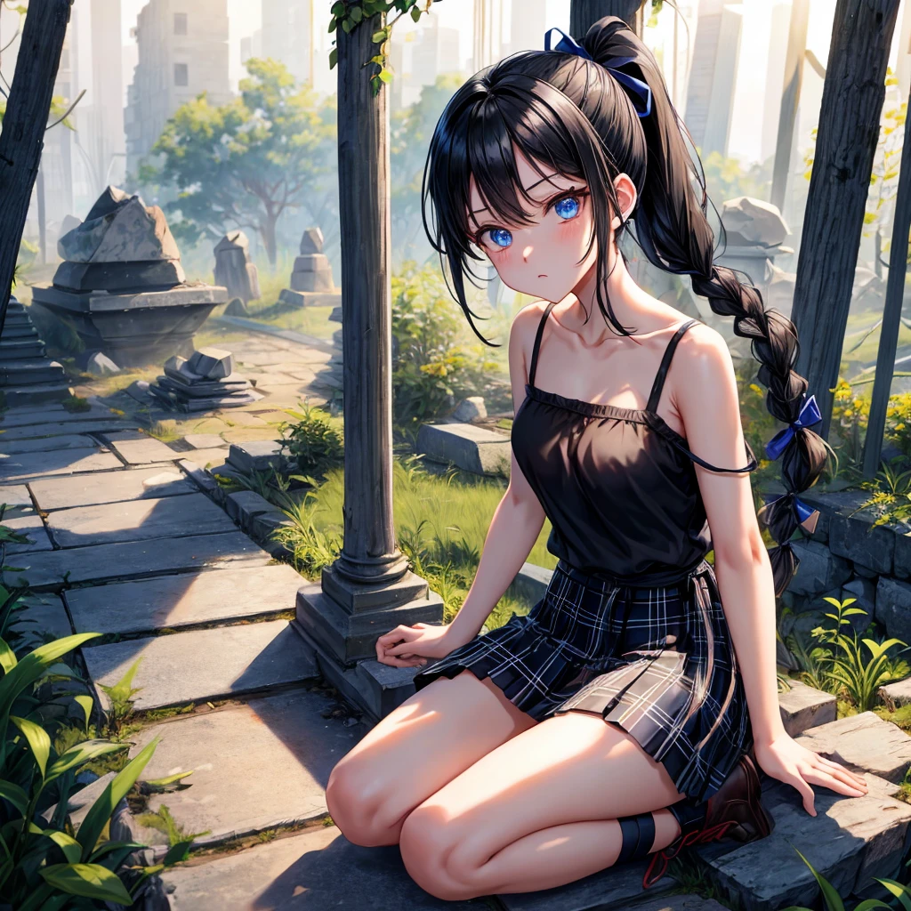 Black blue hair、blue eyes、Braid、ponytail、one good looking girl、solo、anime、Plaid miniskirt、camisole、black t-shirt、Tilting your face、Doing the ribbon、Ribbon at waist、sunset sky、broken stone steps、ruins、tunnel、Fallen leaves、Light and shadow、Raising legs、column、sparks fall、forest、tall grass grows、cloak、the ground is cracked、Shortness of breath、Meteor、sitting on a stone