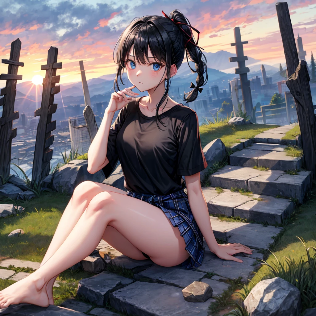 Black blue hair、blue eyes、Braid、ponytail、one good looking girl、solo、anime、Plaid miniskirt、camisole、black t-shirt、Tilting your face、Doing the ribbon、Ribbon at waist、sunset sky、broken stone steps、ruins、tunnel、Fallen leaves、Light and shadow、Raising legs、column、sparks fall、forest、tall grass grows、cloak、the ground is cracked、Shortness of breath、Meteor、sitting on a stone