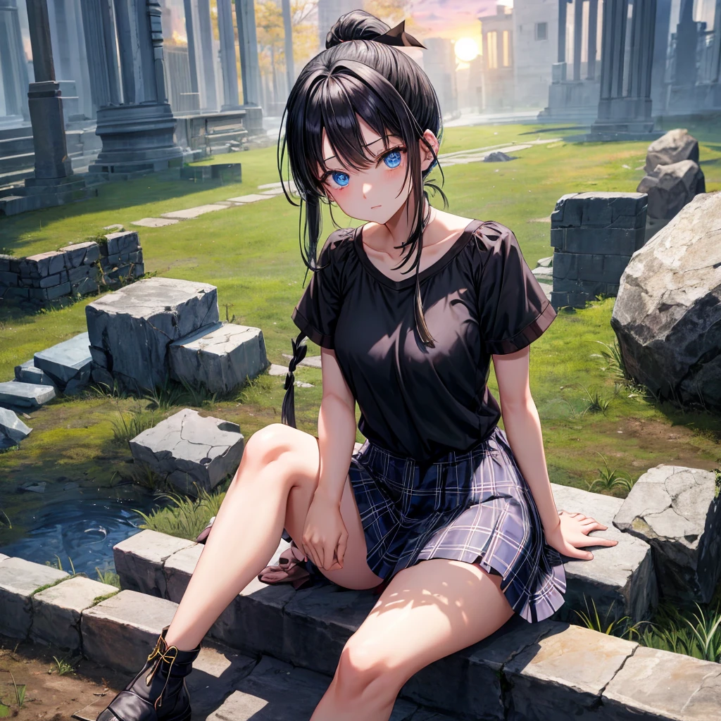 Black blue hair、blue eyes、Braid、ponytail、one good looking girl、solo、anime、Plaid miniskirt、camisole、black t-shirt、Tilting your face、Doing the ribbon、Ribbon at waist、sunset sky、broken stone steps、ruins、tunnel、Fallen leaves、Light and shadow、Raising legs、column、sparks fall、forest、tall grass grows、cloak、the ground is cracked、Shortness of breath、Meteor、sitting on a stone