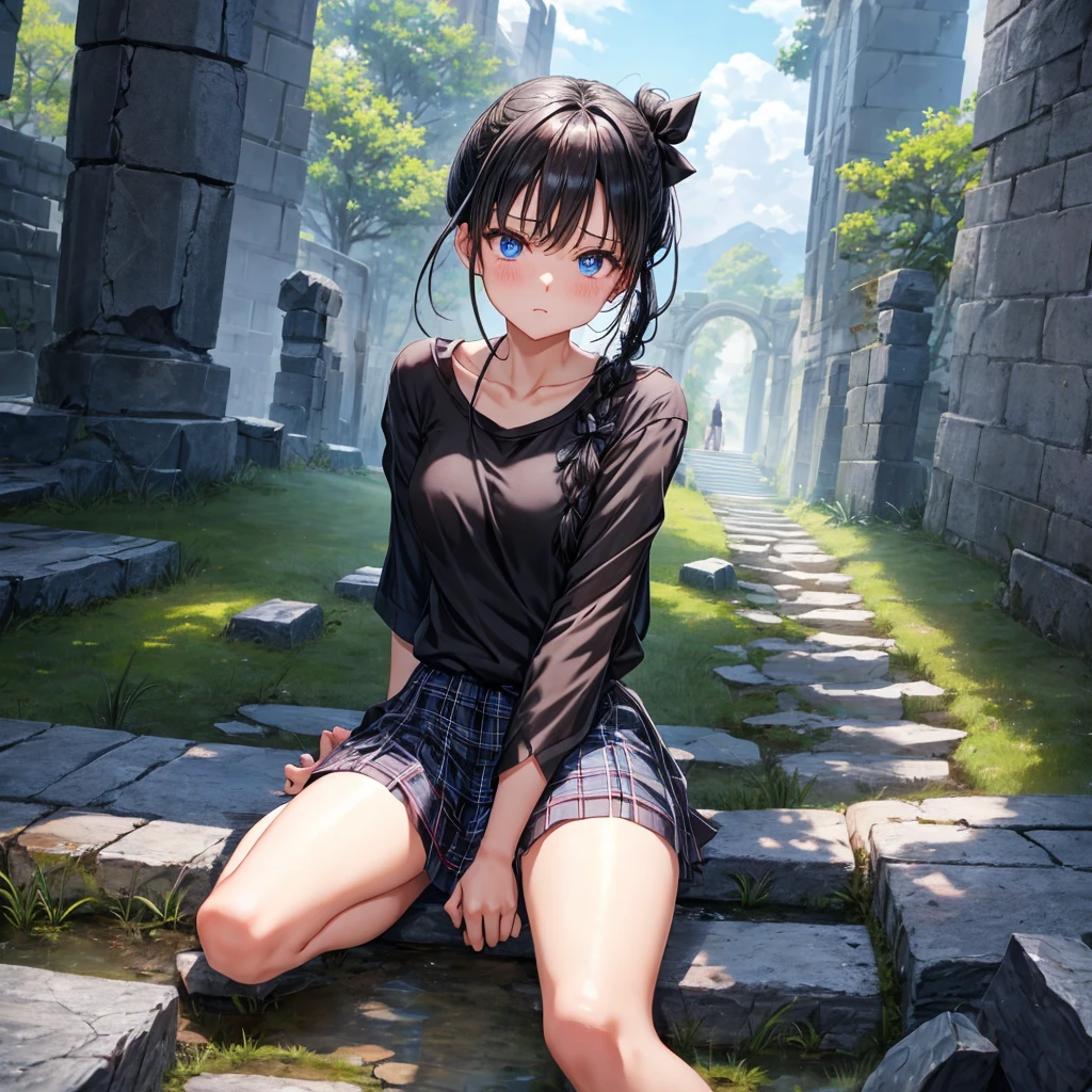 Black blue hair、blue eyes、Braid、ponytail、one good looking girl、solo、anime、Plaid miniskirt、camisole、black t-shirt、Tilting your face、Doing the ribbon、Ribbon at waist、sunset sky、broken stone steps、ruins、tunnel、Fallen leaves、Light and shadow、Raising legs、column、sparks fall、forest、tall grass grows、cloak、the ground is cracked、Shortness of breath、Meteor、sitting on a stone