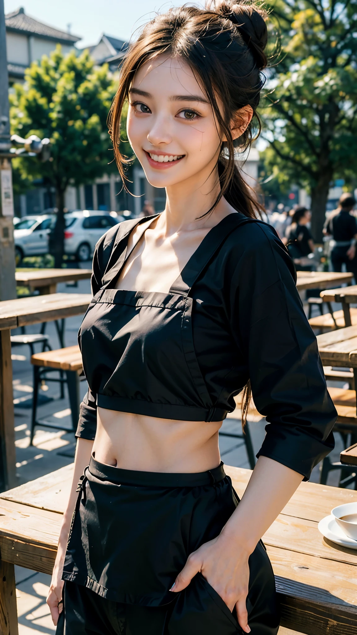 highest quality, masterpiece, ultra high resolution, (realistic:1.4), (close portrait) RAW photo, 1 girl, 22 years ago,(((stylish cafe))),((long hair bun hair)),(Black shirt and black pants),((waist apron)),masterpiece, realistic pictures, japanese pictures, fuji negative film, saturation, contrast, Pocari Sweat Advertisement ((small breasts)),((smile showing teeth)),,brown hair,