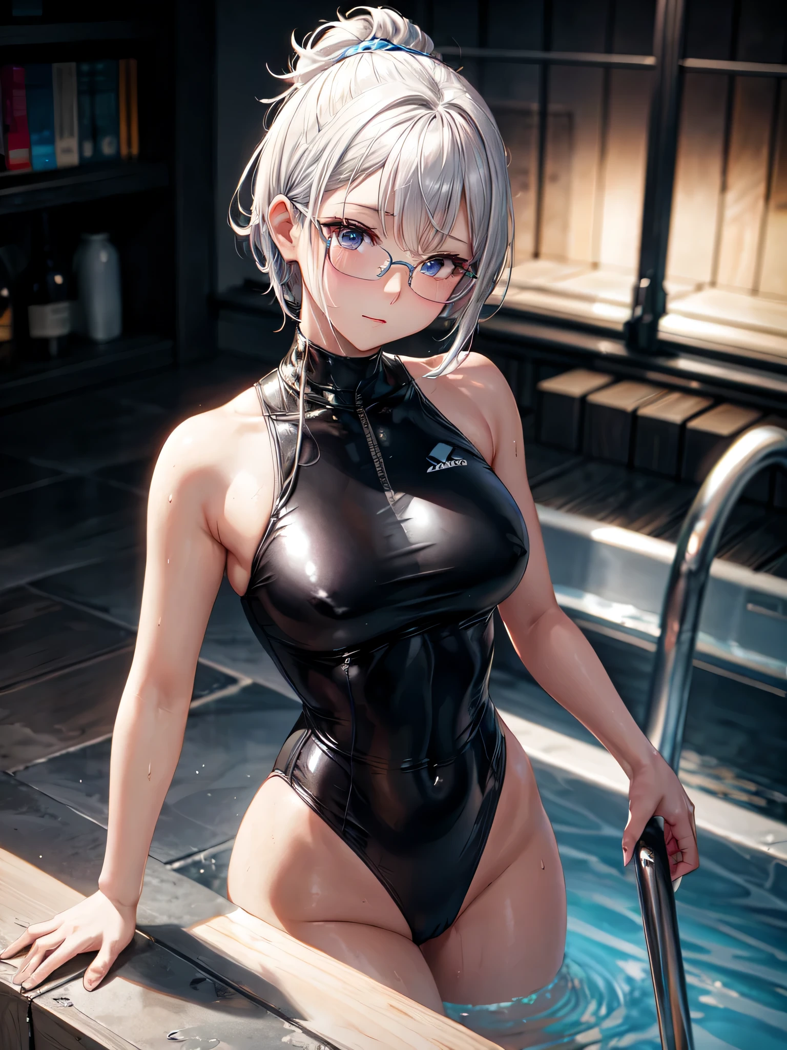 best image quality、8K、UHD、pieces fly、cute eyes、silver hair、Glasses、torn ABS、latex high neck swimwear、latex high neck school swimwear、short hair、短髪のsilver hair美女、wet skin、