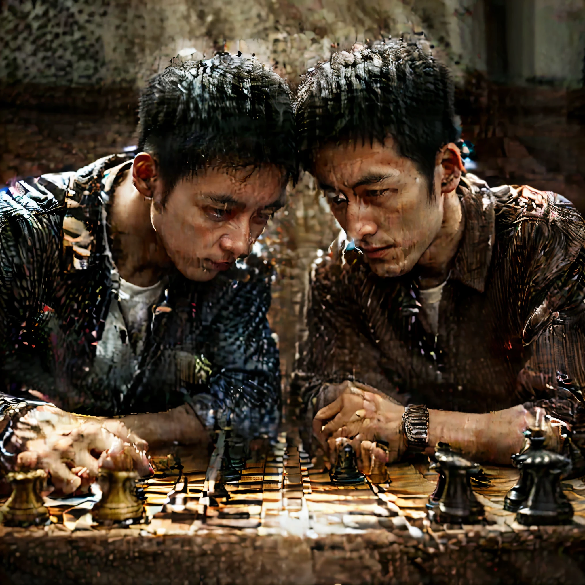 Two men playing chess games in championship tournament,beautiful detailed eyes,extremely detailed chessboard,competitive atmosphere,concentration,fierce competition,focused expressions,meticulously designed chess pieces,strategic moves and calculations,determined players,professional lighting,high-res images,artistic portraits,colorful chessboard,shadows and highlights,brilliant minds,precise hand movements,checkmate moments,grandmaster level of play,asymmetric compositions,vibrant and contrasting colors,classic black and white,highly detailed textures,deep focus,realistic rendering,impressive realism,unique art style,expert photography techniques,perfectly balanced composition,subtle chiaroscuro lighting,dynamic angles,precision and accuracy,psychological battles,epic clashes,excitement and tension,captivating storytelling,unforgettable moments.