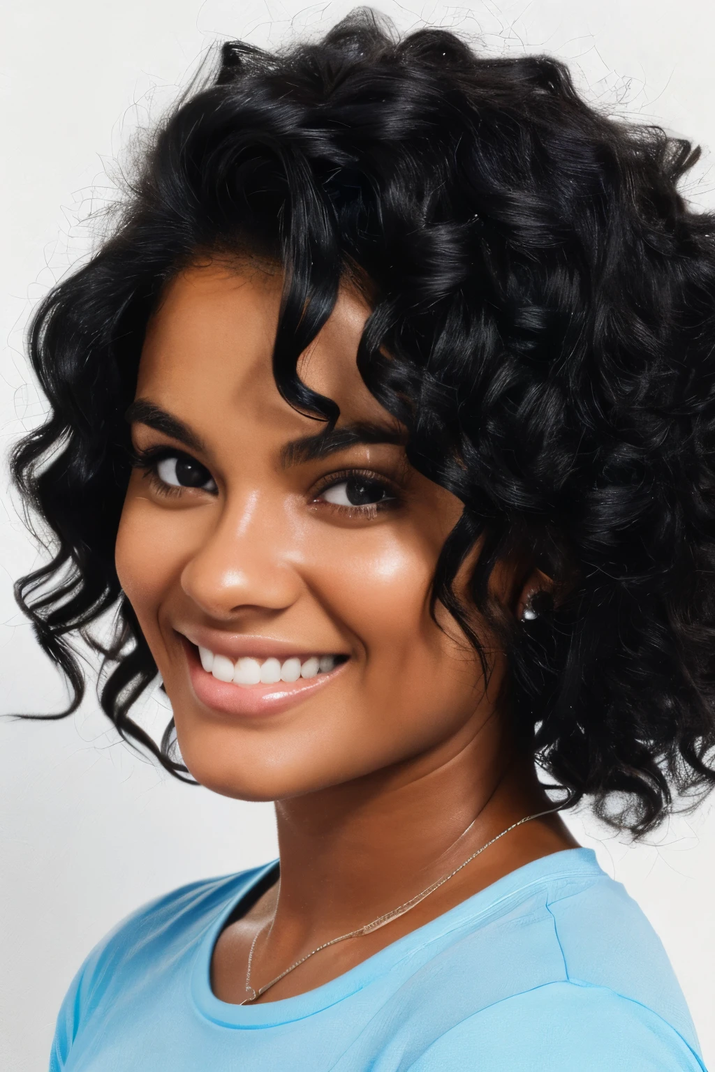 ultra realism a face portrait of a young woman in a blue t-shirt, curly black hair, black eyed, tanned, smile, rounded face, office, full white background, nothing on background, natural skin texture, 4k textures, hdr, intricate, highly detailed, sharp focus, cinematic look, hyperdetailed