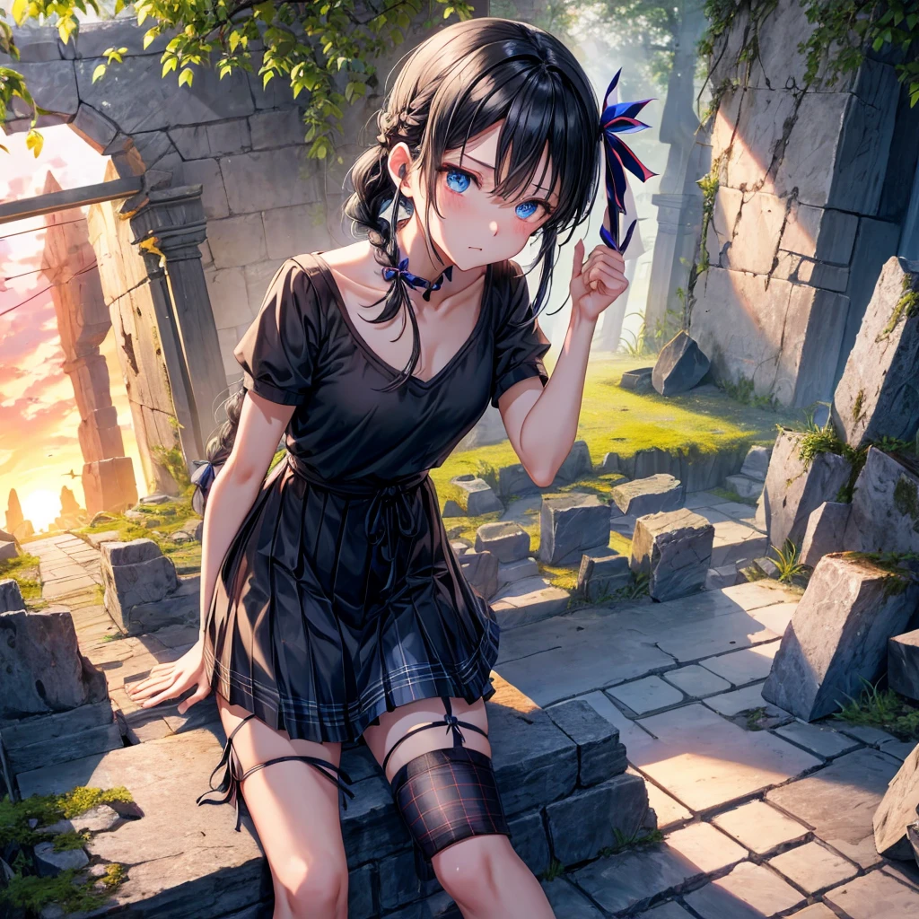 Black blue hair、blue eyes、Braid、ponytail、one good looking girl、solo、anime、Plaid miniskirt、camisole、black t-shirt、Tilting your face、Doing the ribbon、Ribbon at waist、sunset sky、broken stone steps、ruins、tunnel、Fallen leaves、Light and shadow、Raising legs、column、sparks fall、forest、tall grass grows、cloak、the ground is cracked、Shortness of breath、Meteor、sitting on a stone、cave、crystal