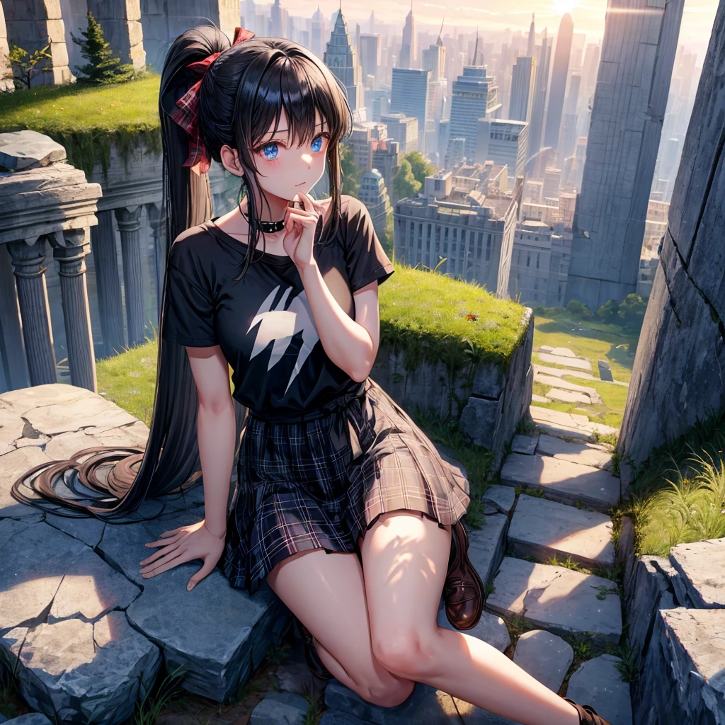 Black blue hair、blue eyes、Braid、ponytail、one good looking girl、solo、anime、Plaid miniskirt、camisole、black t-shirt、Tilting your face、Doing the ribbon、Ribbon at waist、sunset sky、broken stone steps、ruins、tunnel、Fallen leaves、Light and shadow、Raising legs、column、sparks fall、forest、tall grass grows、cloak、the ground is cracked、Shortness of breath、Meteor、sitting on a stone、cave、crystal