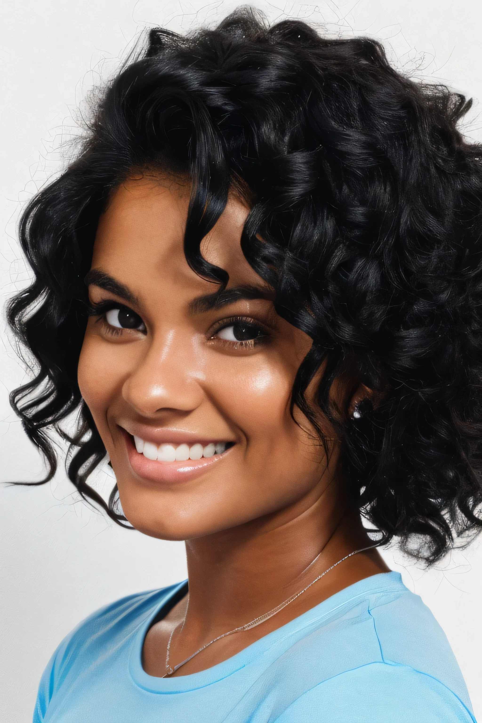 ultra realism a face portrait of a young woman in a blue t-shirt, curly black hair, black eyed, tanned, smile, rounded face, office, full white background, nothing on background, natural skin texture, 4k textures, hdr, intricate, highly detailed, sharp focus, cinematic look, hyperdetailed