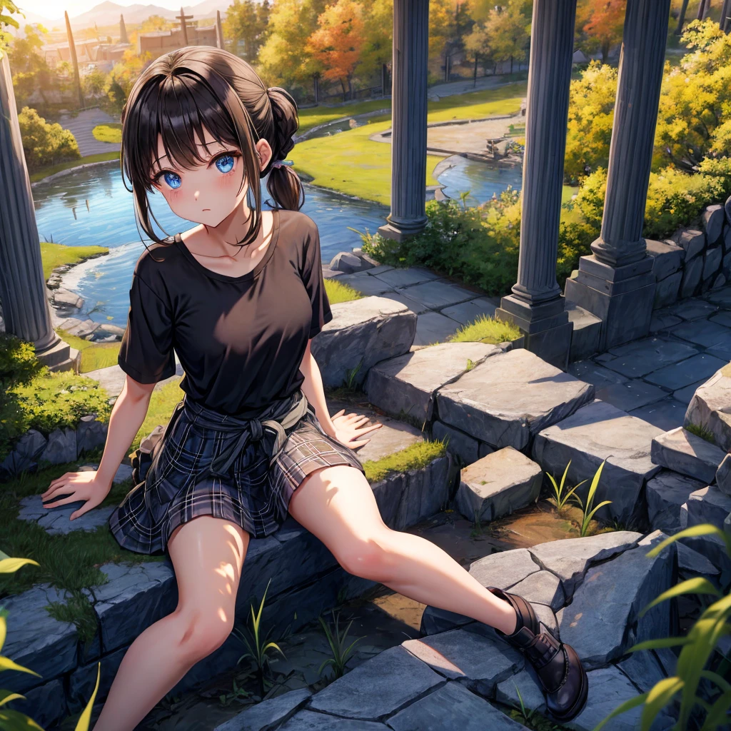 black brown hair、blue eyes、Braid、ponytail、one good looking girl、solo、anime、Plaid miniskirt、camisole、black t-shirt、Tilting your face、Doing the ribbon、Ribbon at waist、sunset sky、broken stone steps、ruins、tunnel、Fallen leaves、Light and shadow、Raising legs、column、sparks fall、forest、tall grass grows、cloak、the ground is cracked、Shortness of breath、Meteor、sitting on a stone、cave、crystal