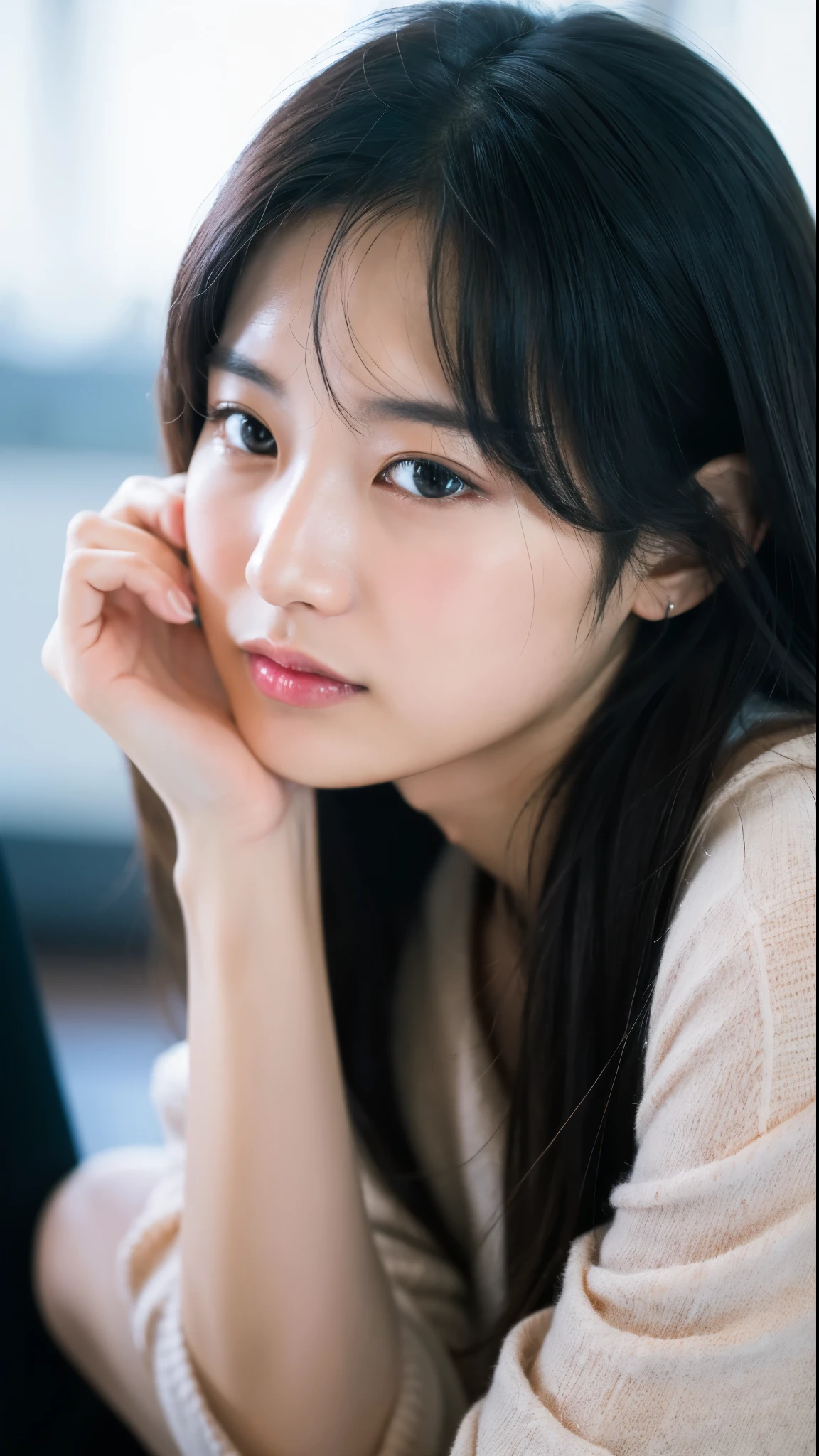 (8k, 4k, best quality)
Young woman, beautiful, imagining something, hand on chin, long hair, black hair, Korean, looking embarrassed