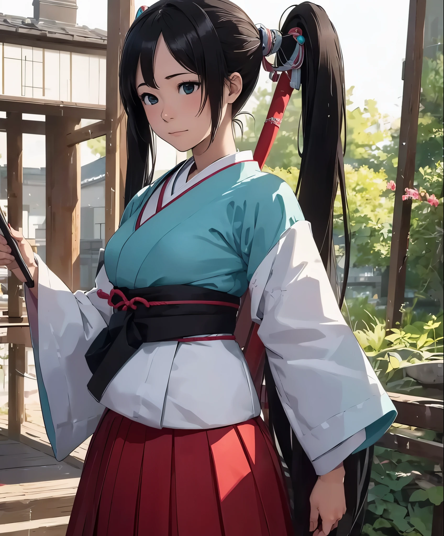 (masterpiece), (highest quality), ultra high resolution, sharp focus, ((1 female, alone)), Upper body, Hatsune Miku,beautiful breasts,Beating Japanese drums,hakama,Sarashi,Standing in honor, perfect feminine face