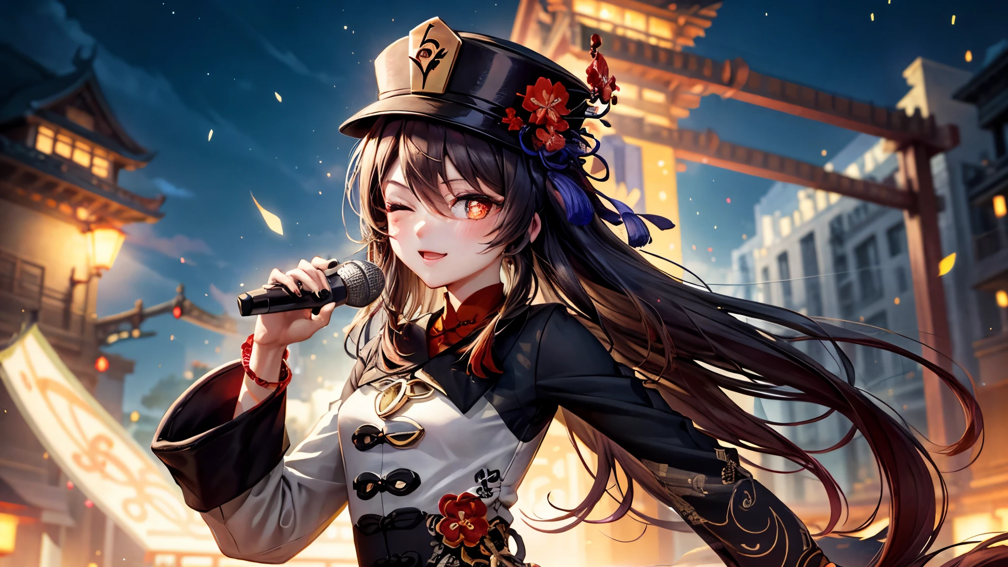 1girl, hu tao (genshin impact), jewelry, hat, one eye closed, brown hair, ring, solo, flower, looking at viewer, black nails, perfect face, beautiful face, colorful, beautiful red eyes, symbol-shaped pupils, smile, twin tails, nail polish, blush, long sleeves, hat flower, simple background, long hair, v, bangs, upper body, hair between eyes, black headwear, Chinese clothes good hand,4k, high-res, masterpiece, best quality, head:1.3,((Hasselblad photography)), finely detailed skin, sharp focus, (cinematic lighting), night, soft lighting, dynamic angle, [:(detailed face:1.2):0.2],(((music stage background))), on stage, holding, holding microphone , music, neon lights