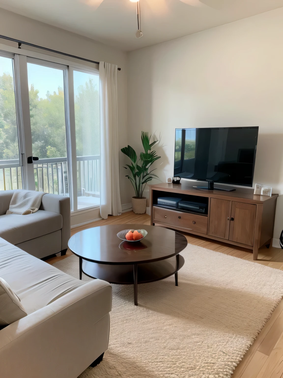 There is a fruit plate on the coffee table，There is a big TV in the living room  