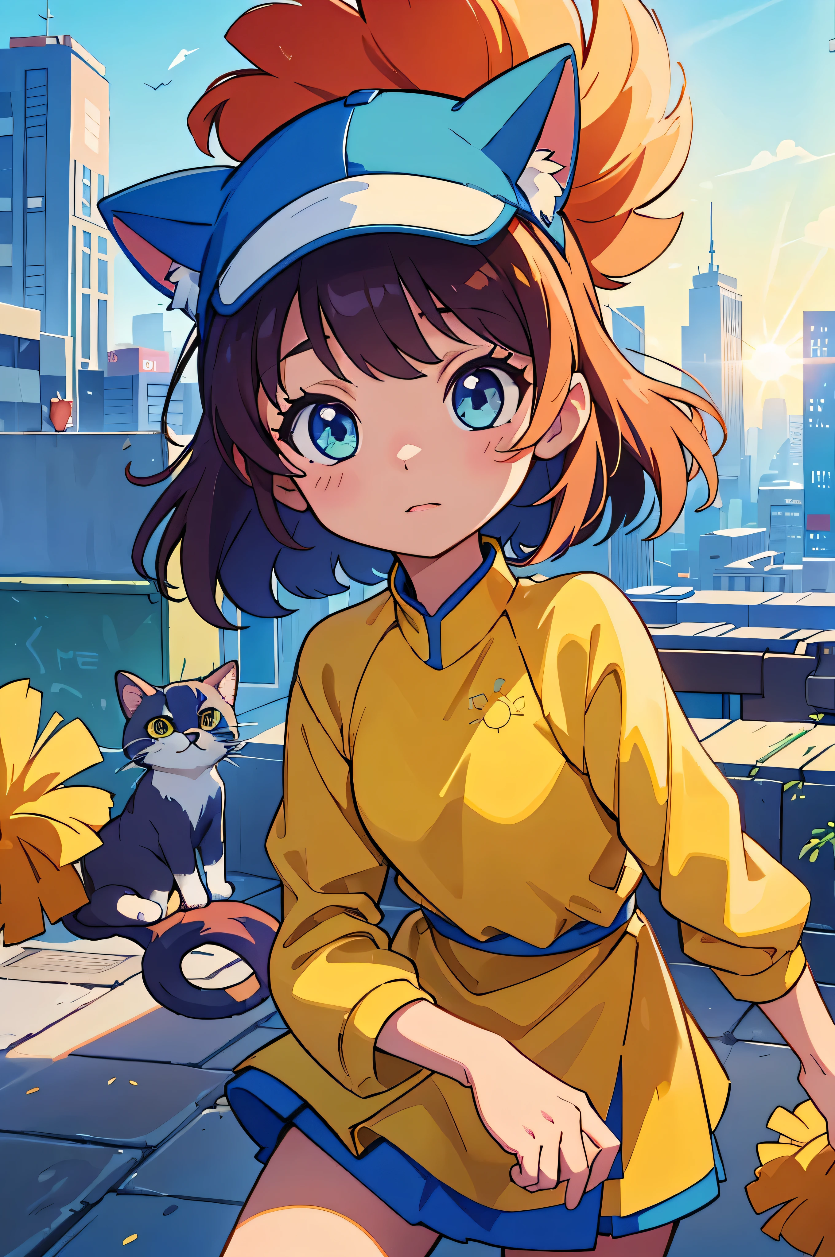 (best quality,4K,high resolution), bright colors, helpful cat, 穿着volunteer, bright light, Little Sun, armband with "cheerleader" sleeve, Face reflects firm words, In a bustling cityscape，blue cartoon kitten, Young and full of vitality, volunteer, vitality, enthusiasm.