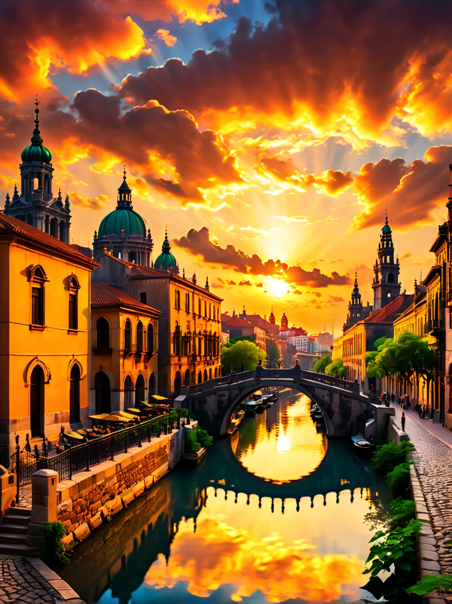 old cityscape at sunset, historical architecture, warm sunlight, vibrant clouds, tranquil water canal, ancient bridges, cobblestone pathways, romantic atmosphere, golden sky, silhouettes of domes and towers, peaceful evening