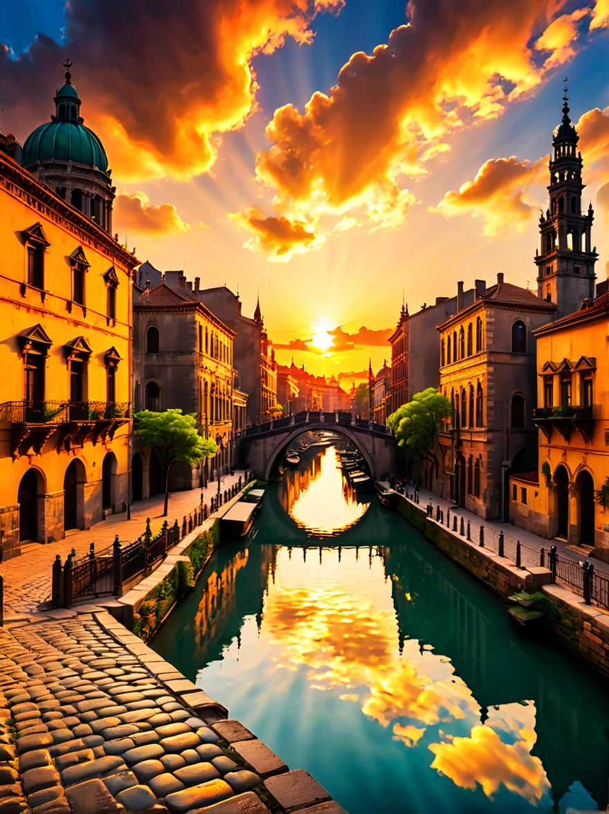 old cityscape at sunset, historical architecture, warm sunlight, vibrant clouds, tranquil water canal, ancient bridges, cobblestone pathways, romantic atmosphere, golden sky, silhouettes of domes and towers, peaceful evening