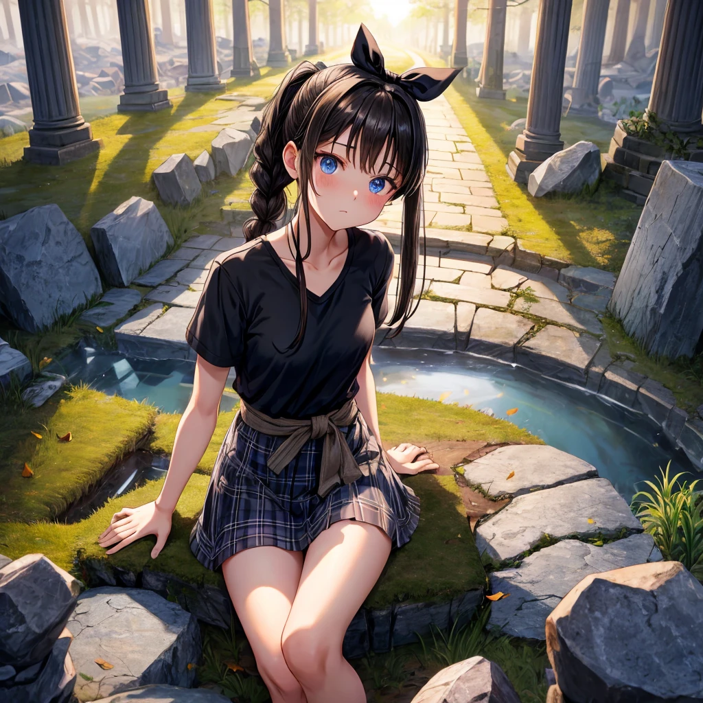 black brown hair、blue eyes、Braid、ponytail、one good looking girl、solo、anime、Plaid miniskirt、camisole、black t-shirt、Tilting your face、Doing the ribbon、Ribbon at waist、sunset sky、broken stone steps、ruins、tunnel、Fallen leaves、Light and shadow、Raising legs、column、sparks fall、forest、tall grass grows、cloak、the ground is cracked、Shortness of breath、Meteor、sitting on a stone、cave、crystal