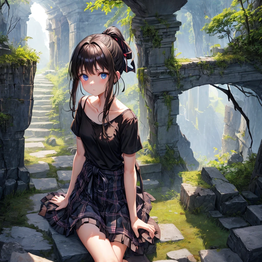 black brown hair、blue eyes、Braid、ponytail、one good looking girl、solo、anime、Plaid miniskirt、camisole、black t-shirt、Tilting your face、Doing the ribbon、Ribbon at waist、sunset sky、broken stone steps、ruins、tunnel、Fallen leaves、Light and shadow、Raising legs、column、sparks fall、forest、tall grass grows、cloak、the ground is cracked、Shortness of breath、Meteor、sitting on a stone、cave、crystal
