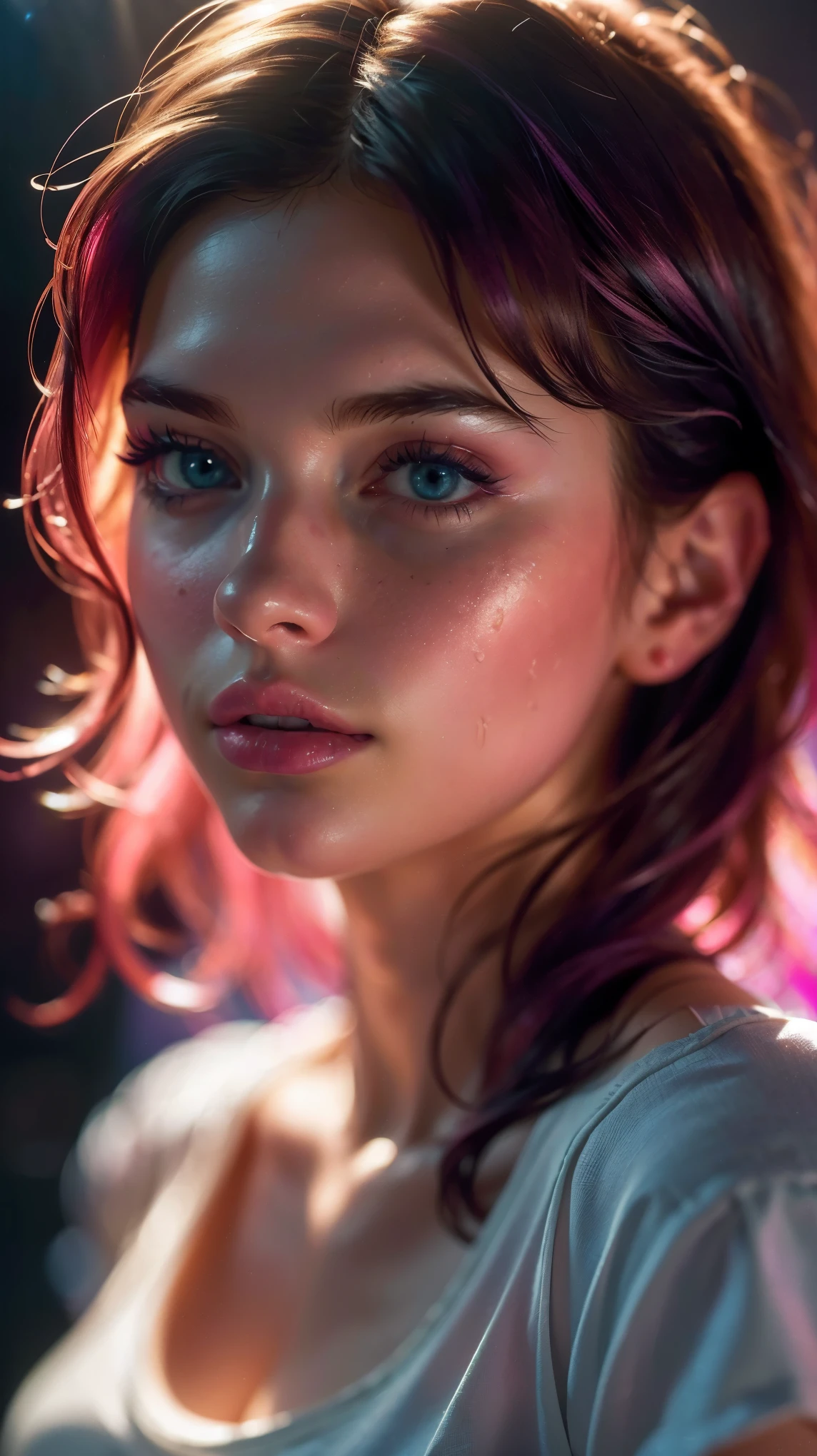 (((ultra realistic))) Photo, masterpiece, top quality, (pale skin), (Ultra detailed face and eyes:1.3), 1 girl, Adult, in a T-shirt, (Eye makeup, mascara) , ((large detailed lips)), ((Pink волнистые волосы)), ((Chyolka)) , (Natural breasts), Slim waist. ((Posing)), photoshoot, studio (soft lighting), (The play of light and shadows), depth of field, bokeh, (special attention to skin detail: 1.2), Detailed leather texture, skin pores. (Warm atmosphere of the frame. Color range - black, purple, Pink, blue tones), UDR, ((Film grain)), ((rays)), ((glare of the sun)), ((waist up portrait, close to the camera)) , ultra detialed,