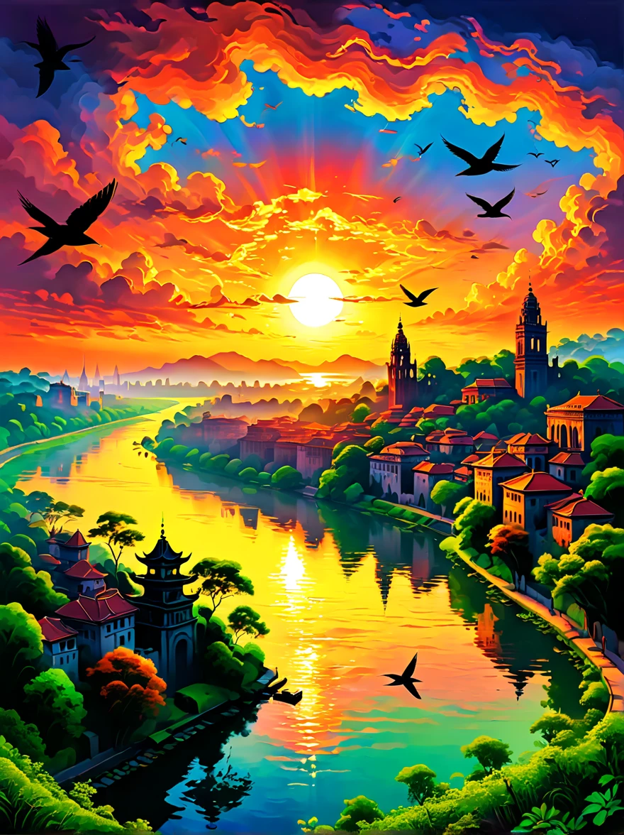 ancient city at sunset, vibrant sunset hues, historical buildings silhouette, glowing sky, peaceful river, reflecting sun, lush greenery, city walls, towers, tranquil atmosphere, old-world charm, birds flying home