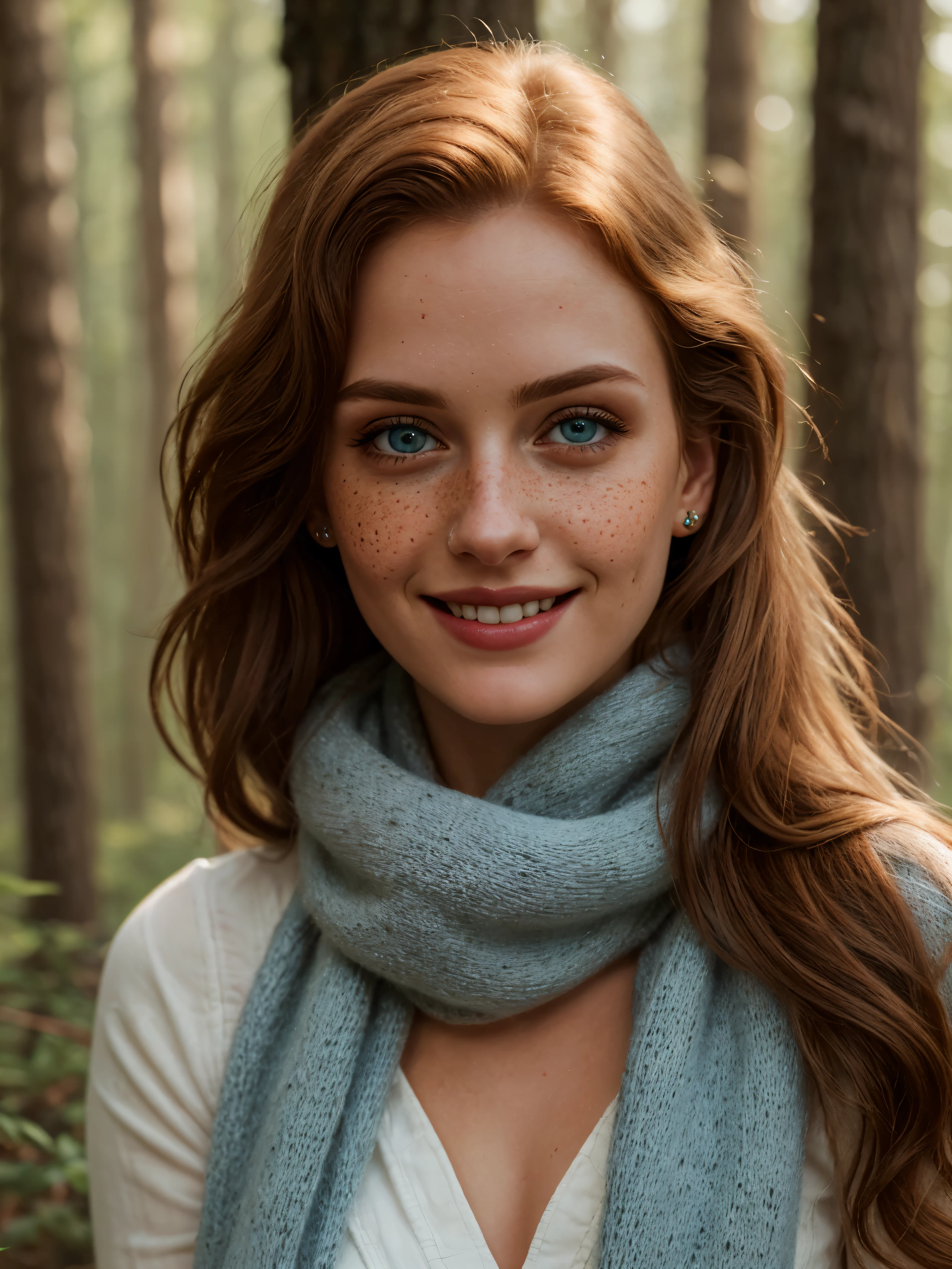 (Realistic:1.2), Photorealistic attractive beautiful woman with messy red hair, Blue eyes, small freckles, wear a long scarf and leg warmers, Princess Merida, brave, cute sexy, feminine pose, In the woods, Cinematic lighting, Ethereal light, complex parts, extremely detailed, full color, complex parts, Insanely detailed and confusing, Hyper maximalist, rich colors, Cinematic, smiling, bright colors, detailed beautiful eyes and perfect face, rim light, 16 thousand., Best quality
