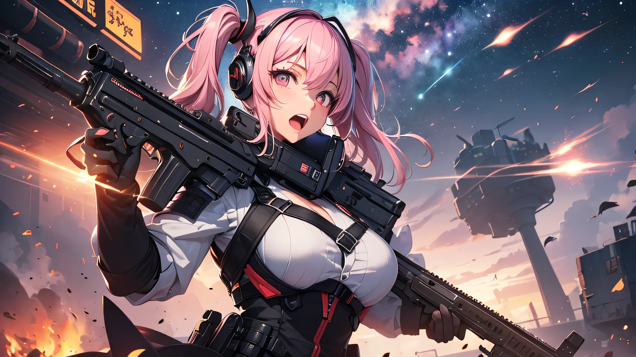 最high quality、best image quality、masterpiece、teenage girl((18-year-old、 By becoming、vest bust、medium bust,wide open breast tea、black eye, pink hAria、twin tails、thin,highest valley、red mechanic dress、Holds an assault rifle in the right hand、Glowing red wings,Aria、splatters、shooting pose、scream、holds a shotgun in left hand)),high quality、beautiful art、background((outer space、battlefield、splattersing beams、military base))瓦礫がsplatters、Depth of written boundary、movie、visual art、perfect art、8K,genuine